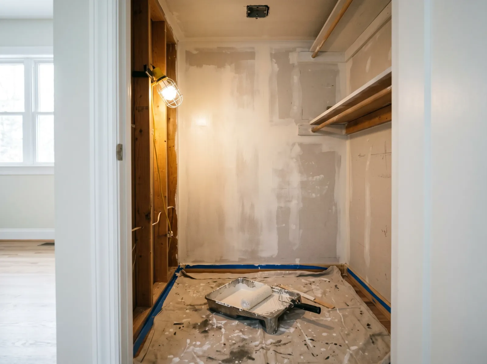 Closet walls with a patchy first coat of white paint, mini roller and tray on the floor