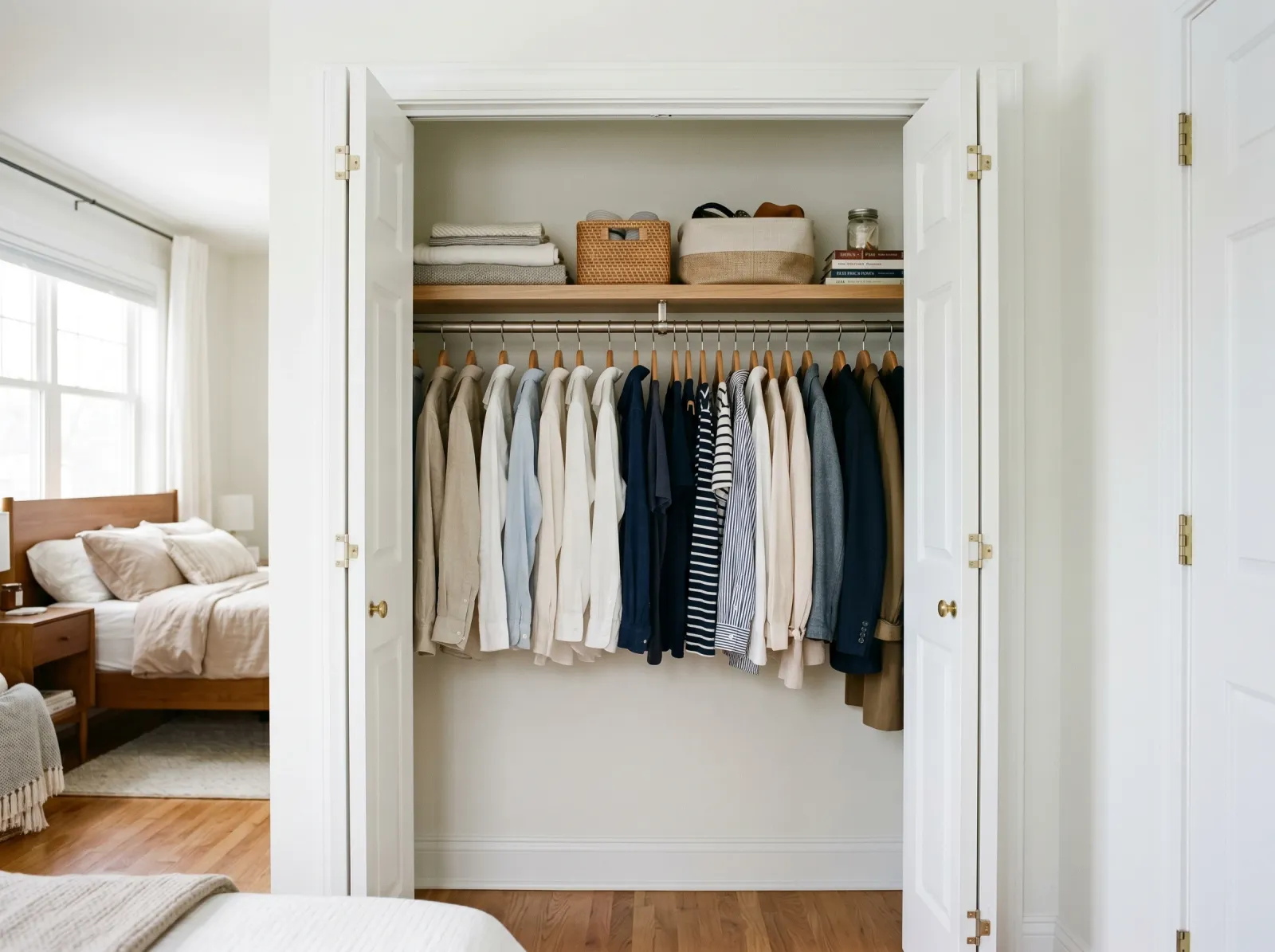 Finished closet interior in even white with shelf and rod reinstalled
