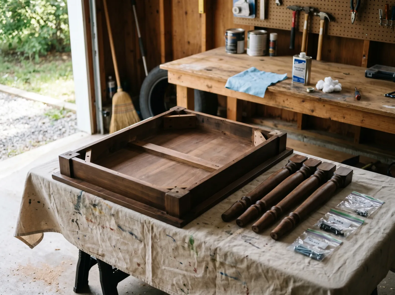 Coffee table flipped over with legs removed and a denatured-alcohol test kit on the workbench