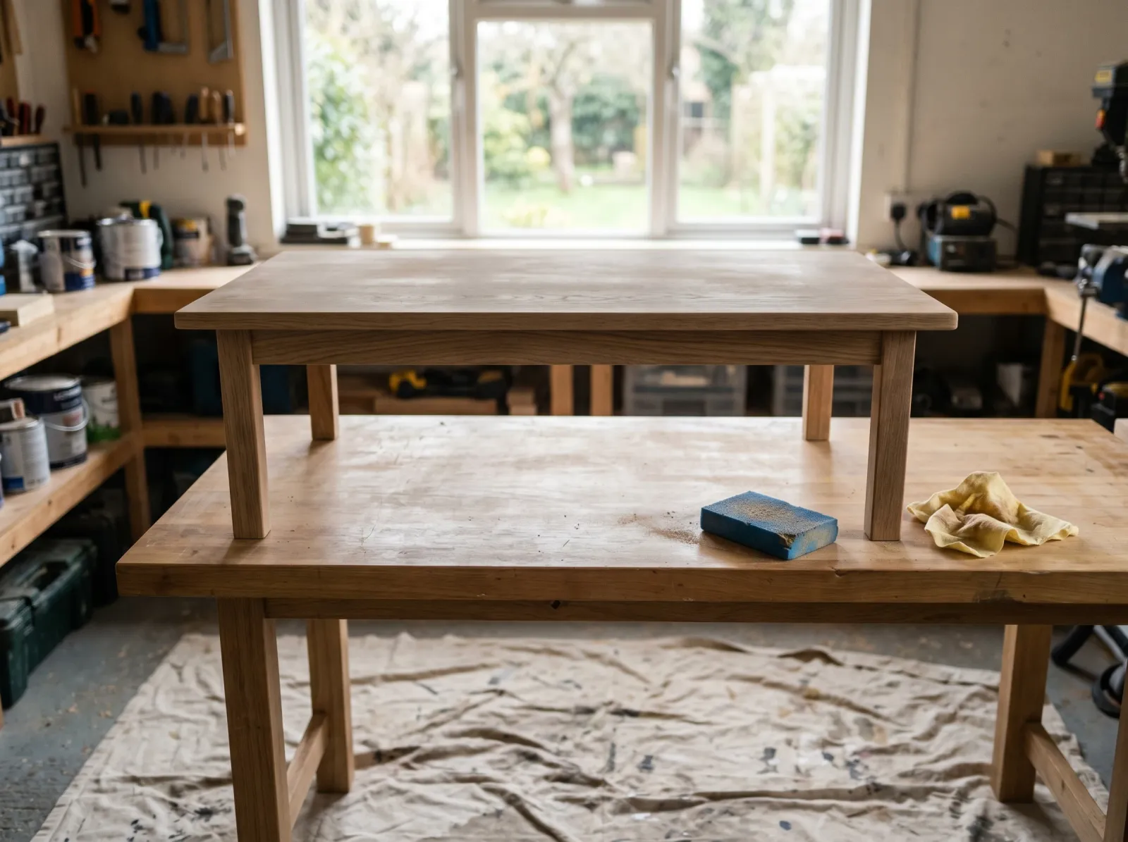 Coffee table scuff-sanded to a dull haze with a sanding sponge and tack cloth nearby