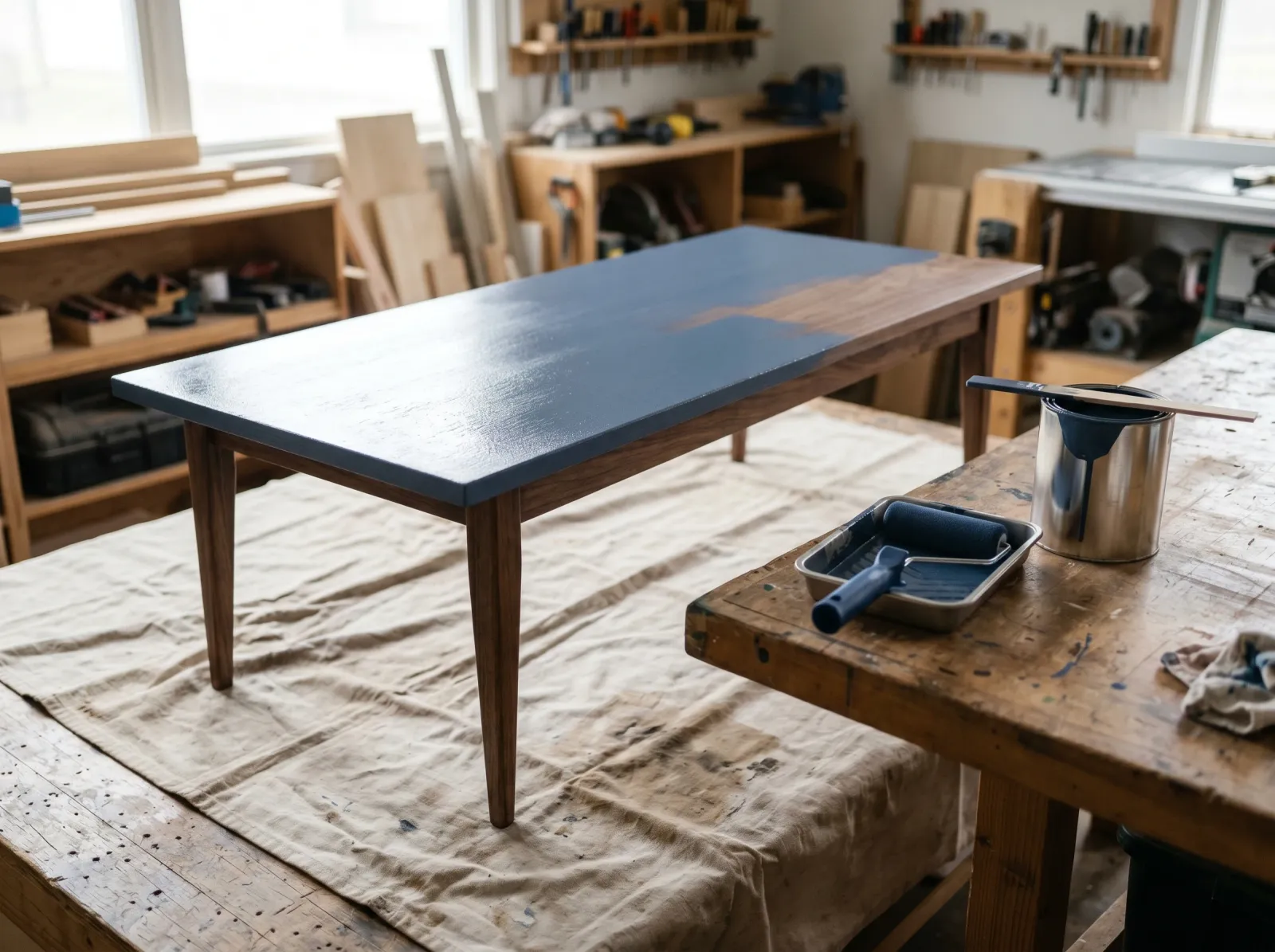 Coffee table with a first coat of muted navy paint, roller and can on the bench beside it