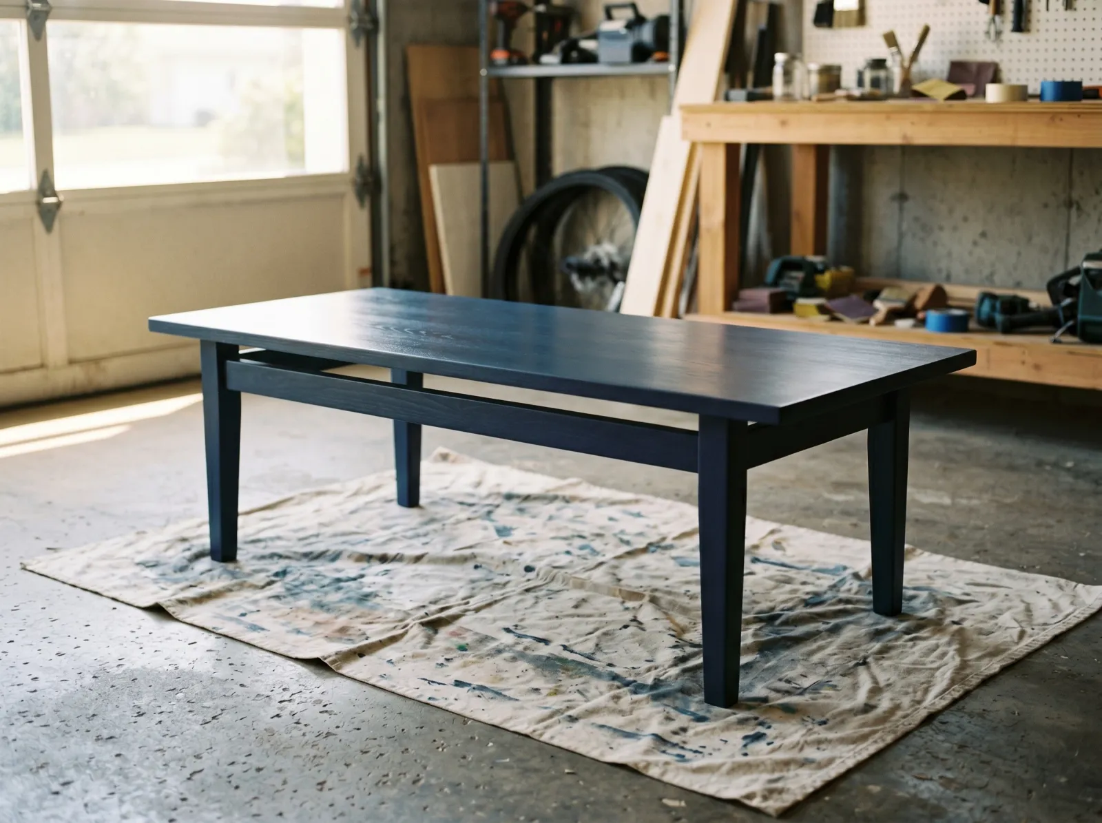 Finished navy coffee table reassembled and drying with a sealed satin top