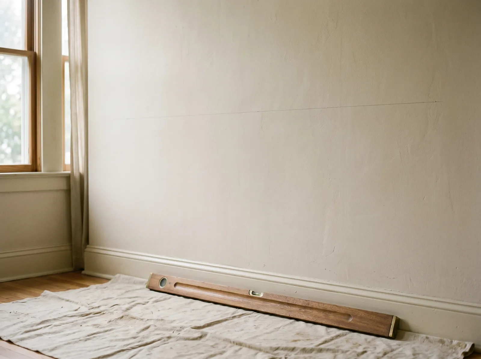 Beige wall with a pencil guide line drawn level for a color block, a bubble level resting below