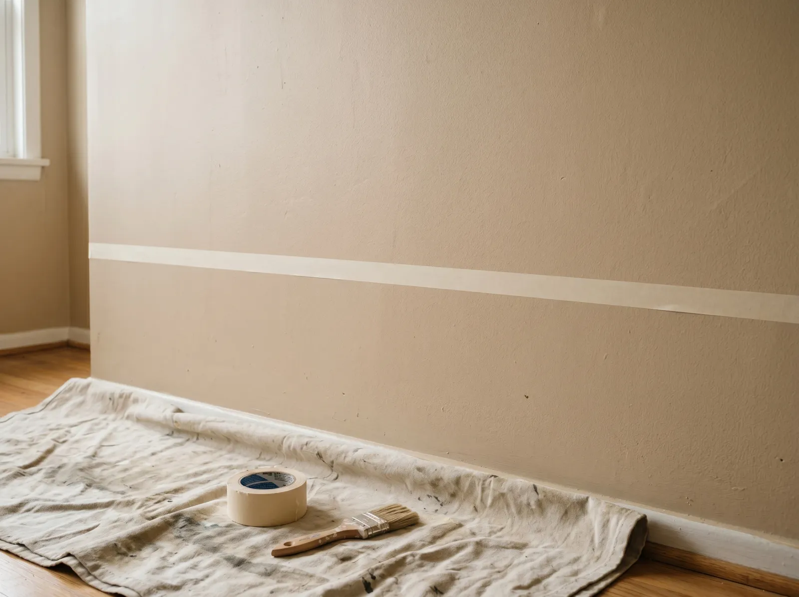 Painter's tape applied in a straight horizontal line across a beige wall before painting the block