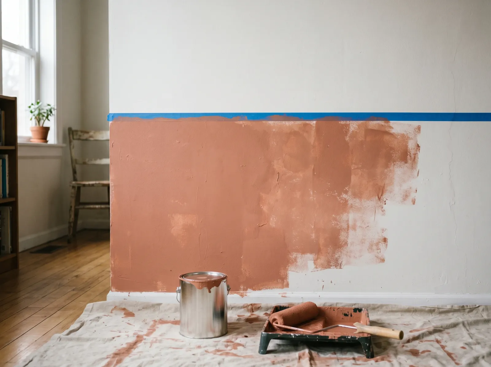 Lower portion of a wall getting its first patchy coat of clay color up to a taped line