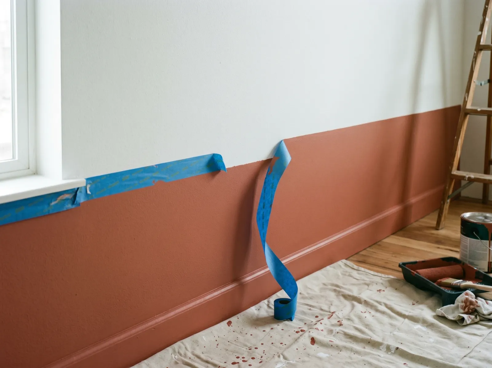 Painter's tape being peeled from a two-color wall revealing a clean horizontal seam between white and clay