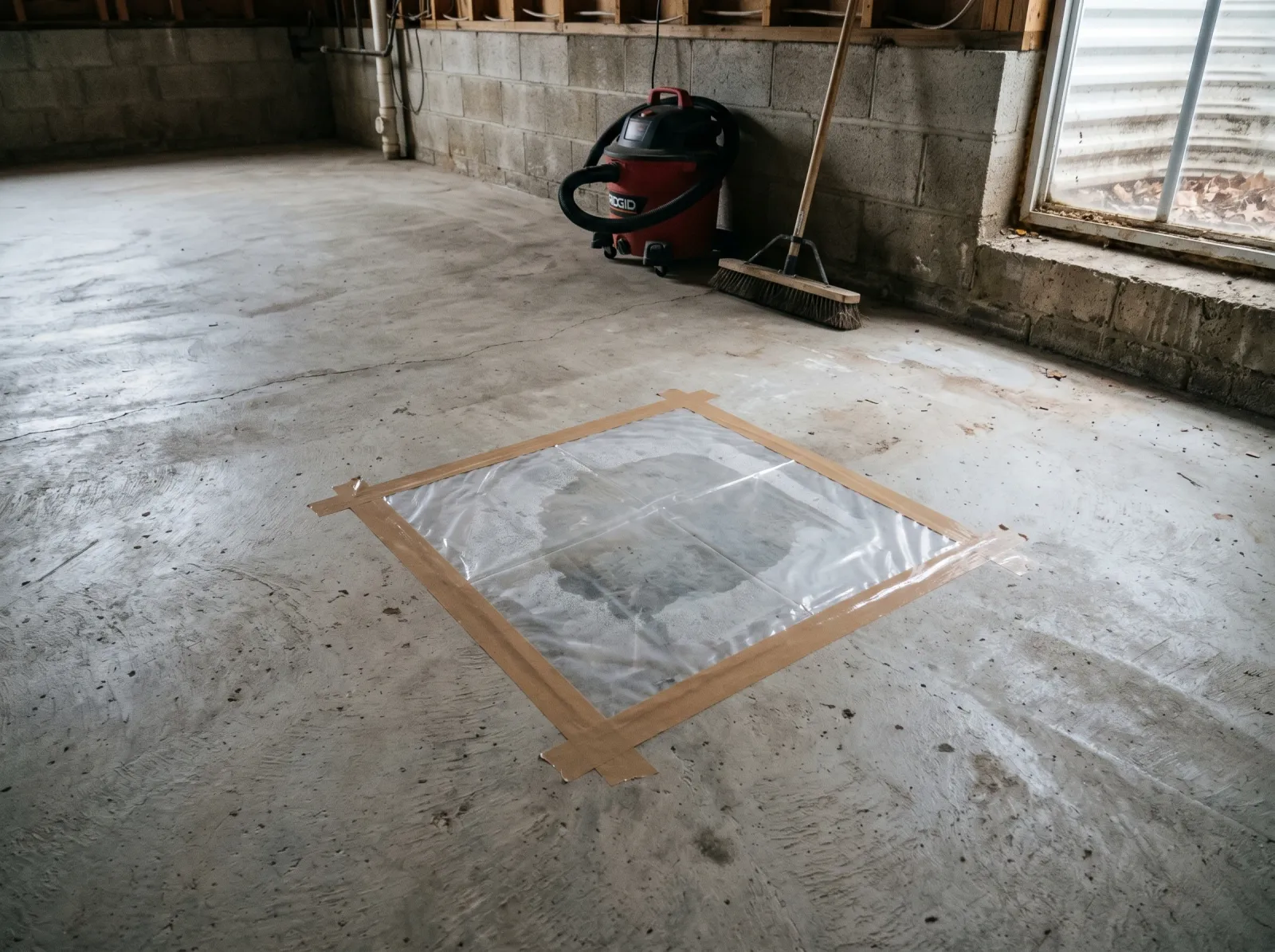 Empty basement slab swept clean with a plastic square taped down as a moisture test
