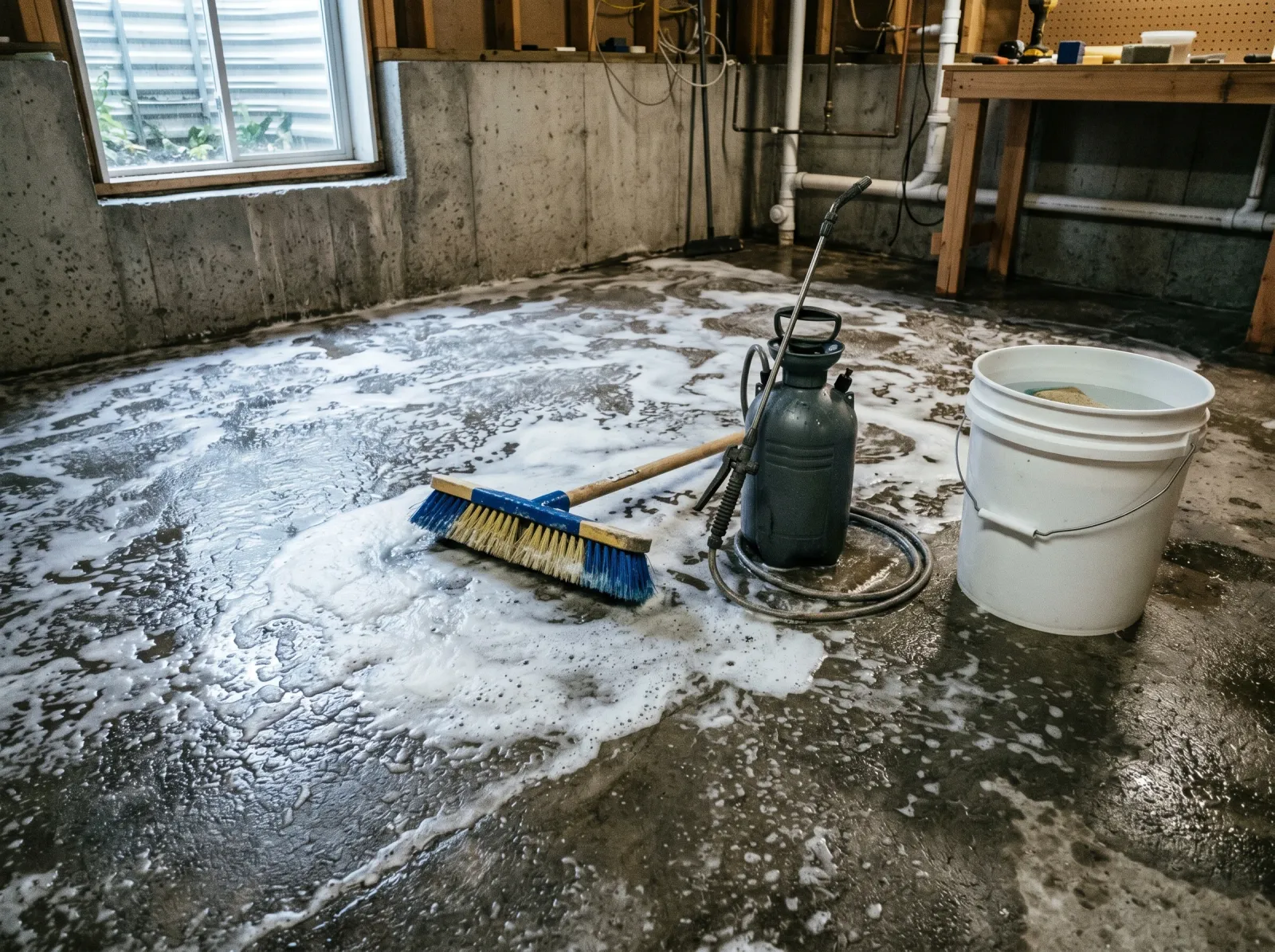 Basement concrete floor being etched and scrubbed with a deck brush