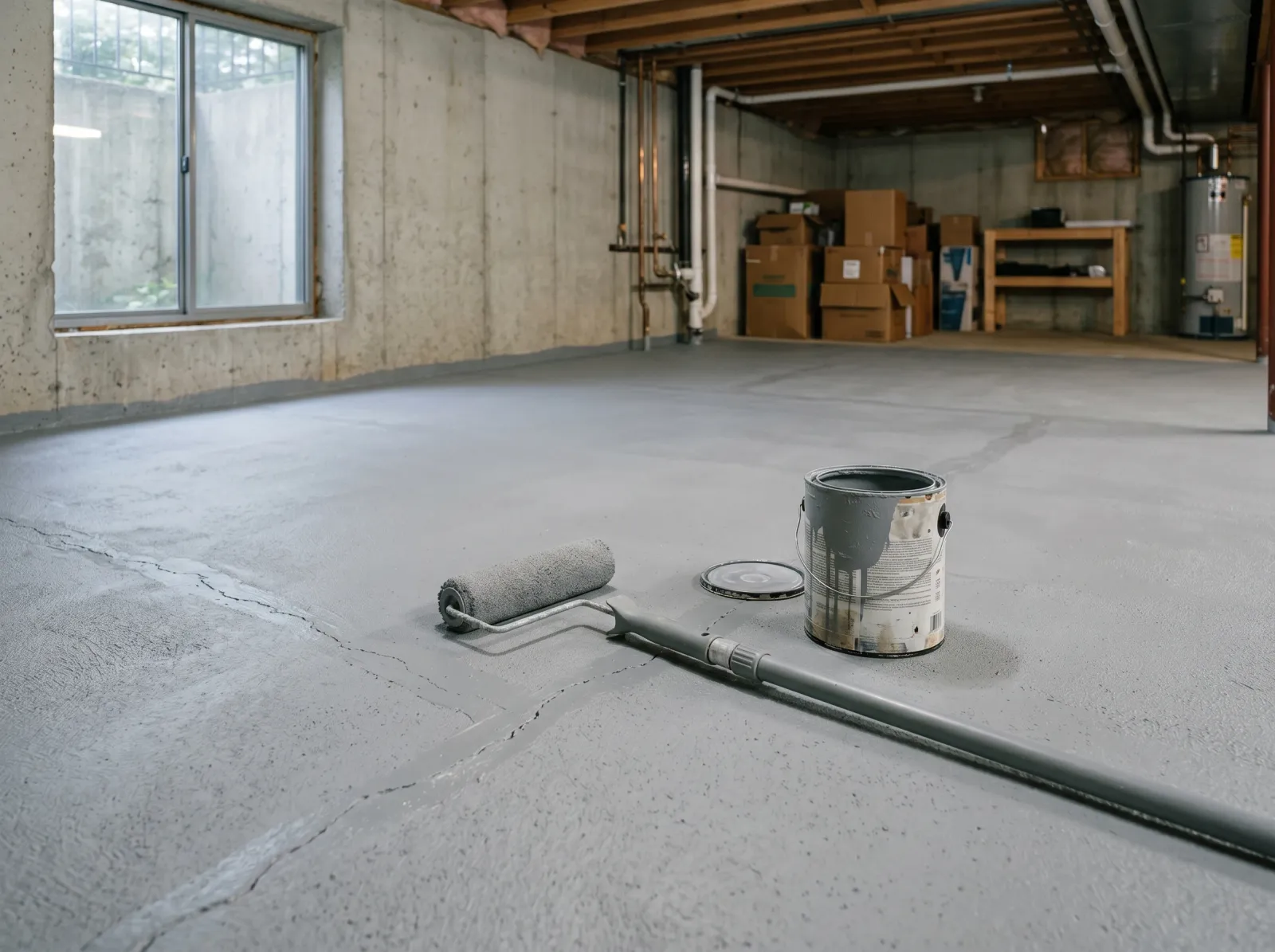 Basement slab with cracks filled and a single coat of gray masonry primer rolled on