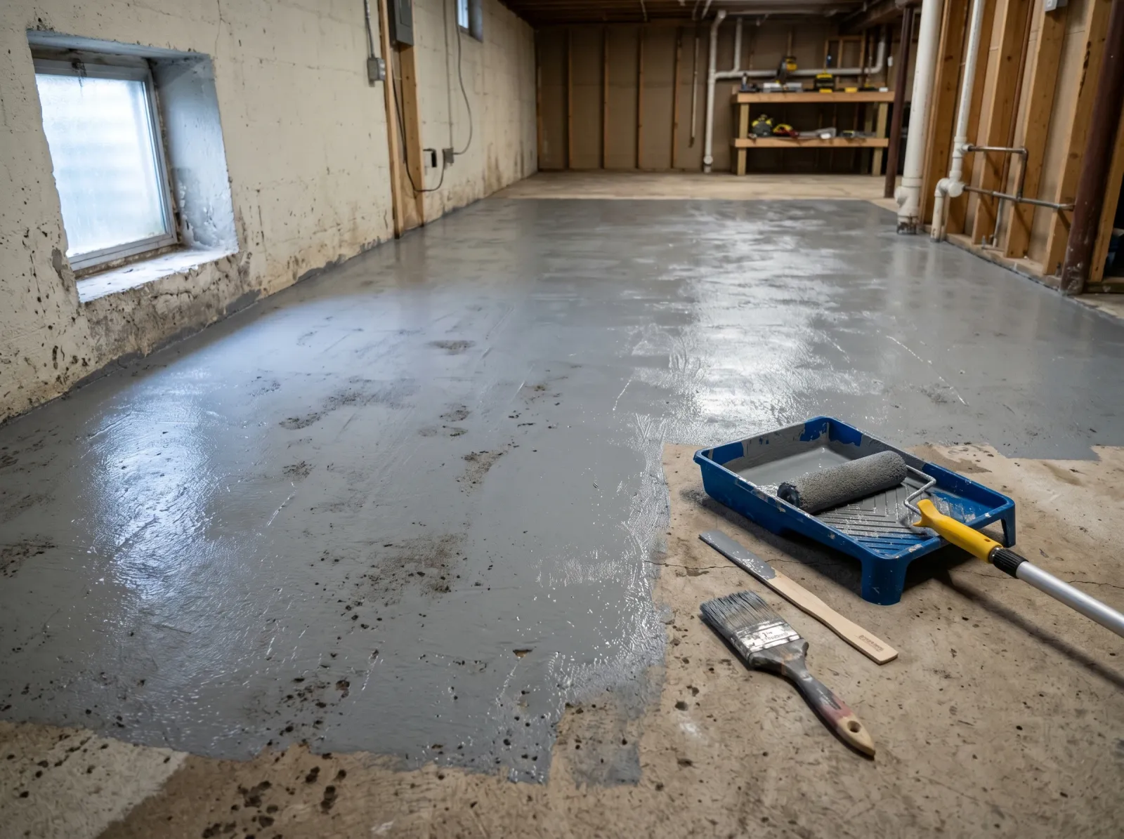 Basement floor with a thin first coat of gray concrete paint, roller and tray on the slab