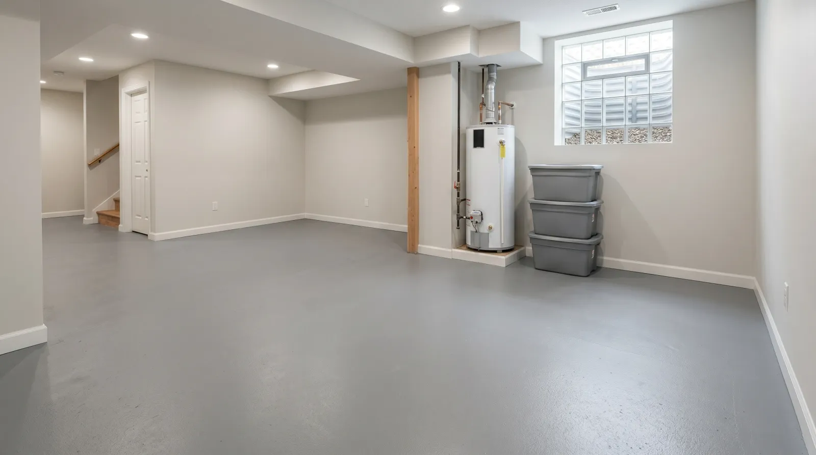 Finished basement with an even gray painted floor and storage back in place