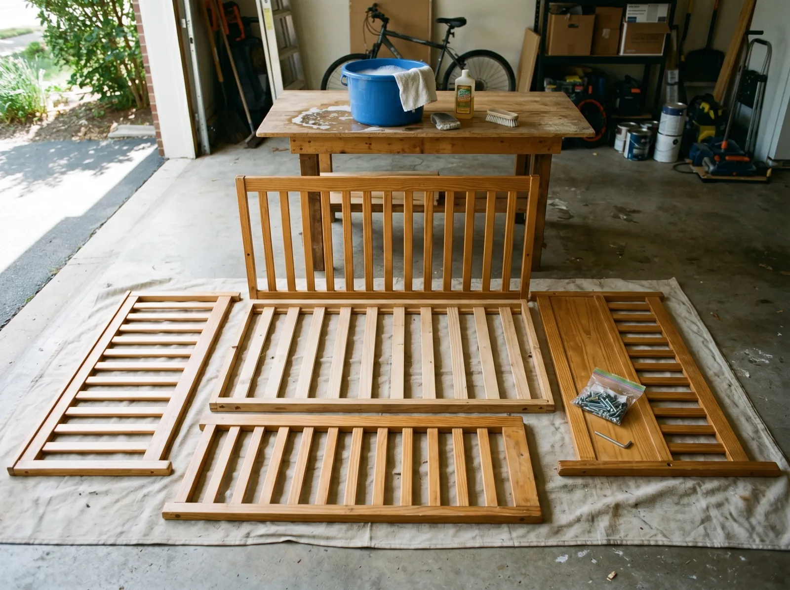 Disassembled crib parts laid flat on a drop cloth with hardware bagged and a wash bucket nearby