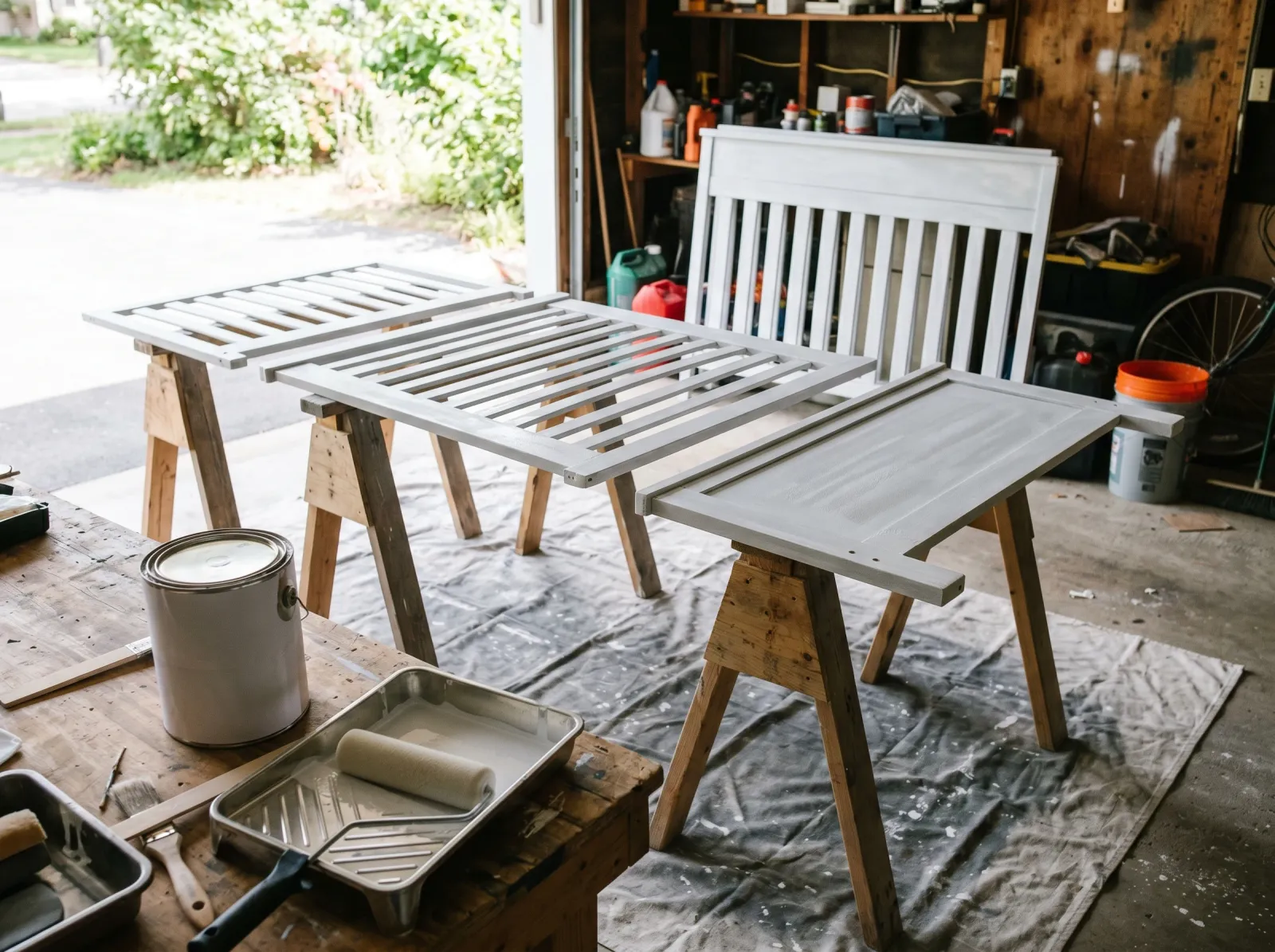 Crib rails and panels coated in bonding primer, drying flat on sawhorses
