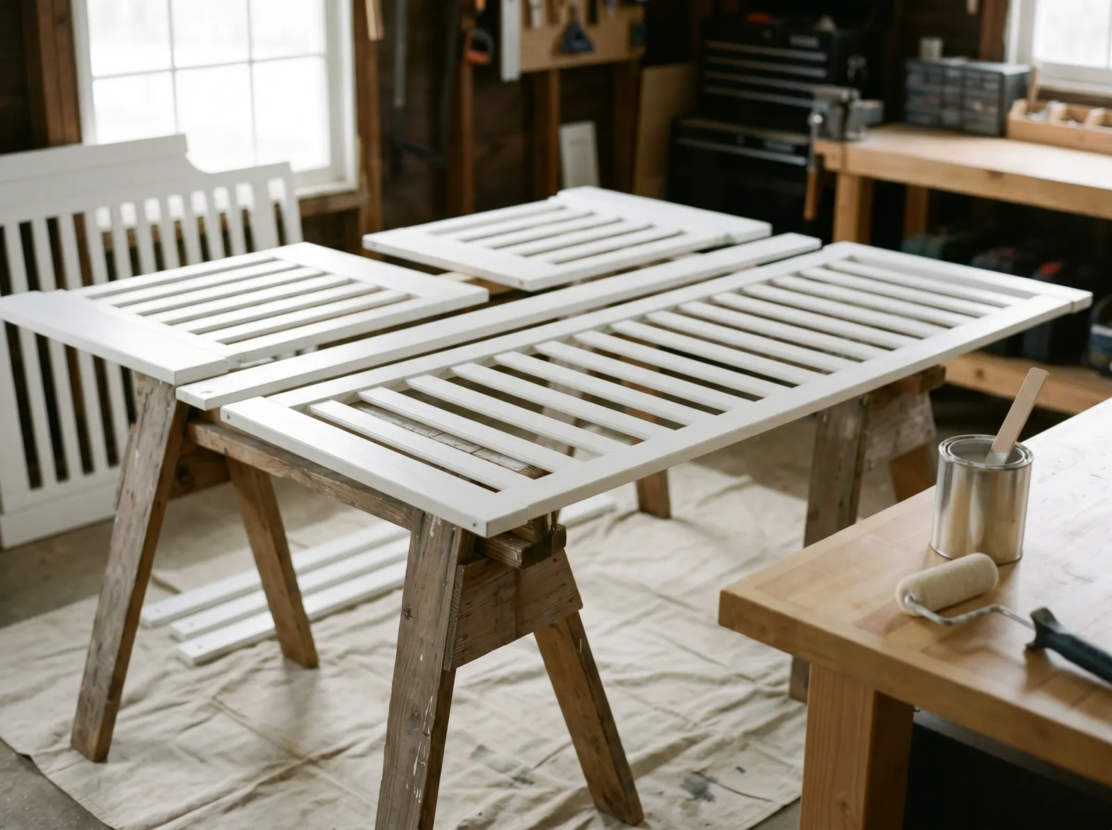 Crib parts with a fresh first coat of soft white paint, drying flat on sawhorses