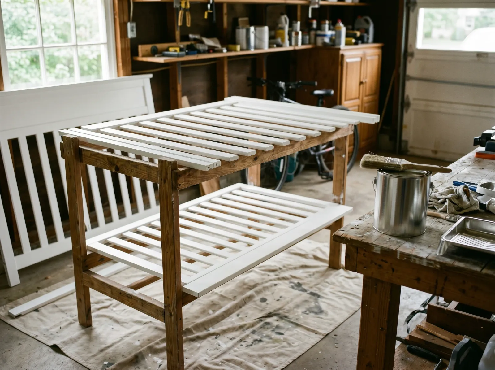 Painted crib parts curing flat on a drying rack after a clear topcoat
