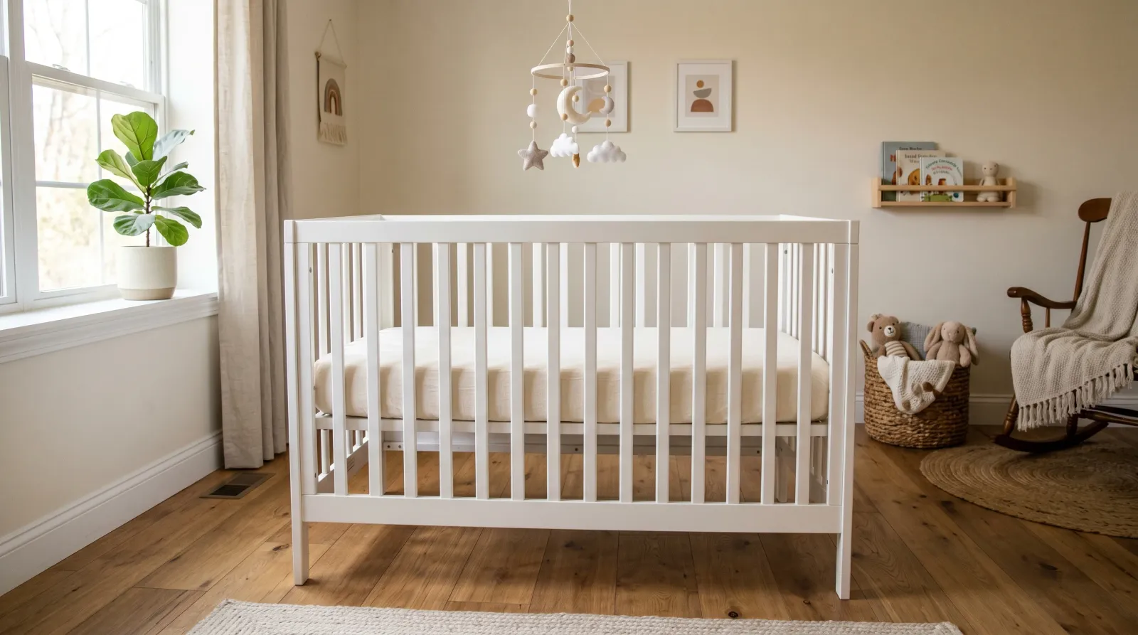 Finished white crib reassembled in a sunlit nursery with a fitted sheet and mobile