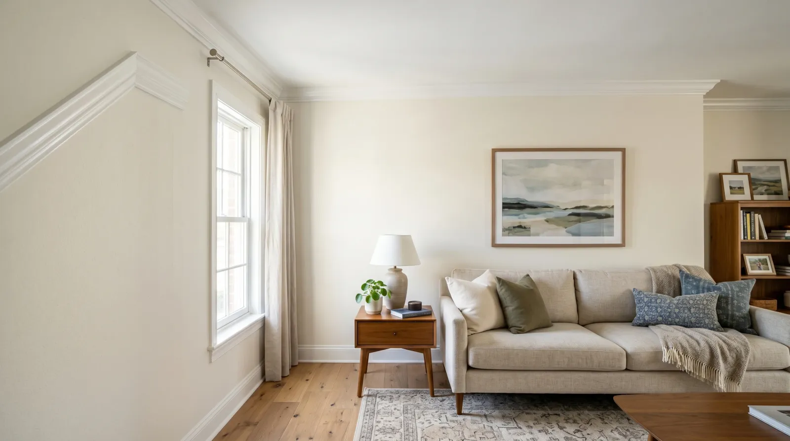Sunlit living room with freshly painted crisp white semi-gloss crown molding meeting a smooth white ceiling
