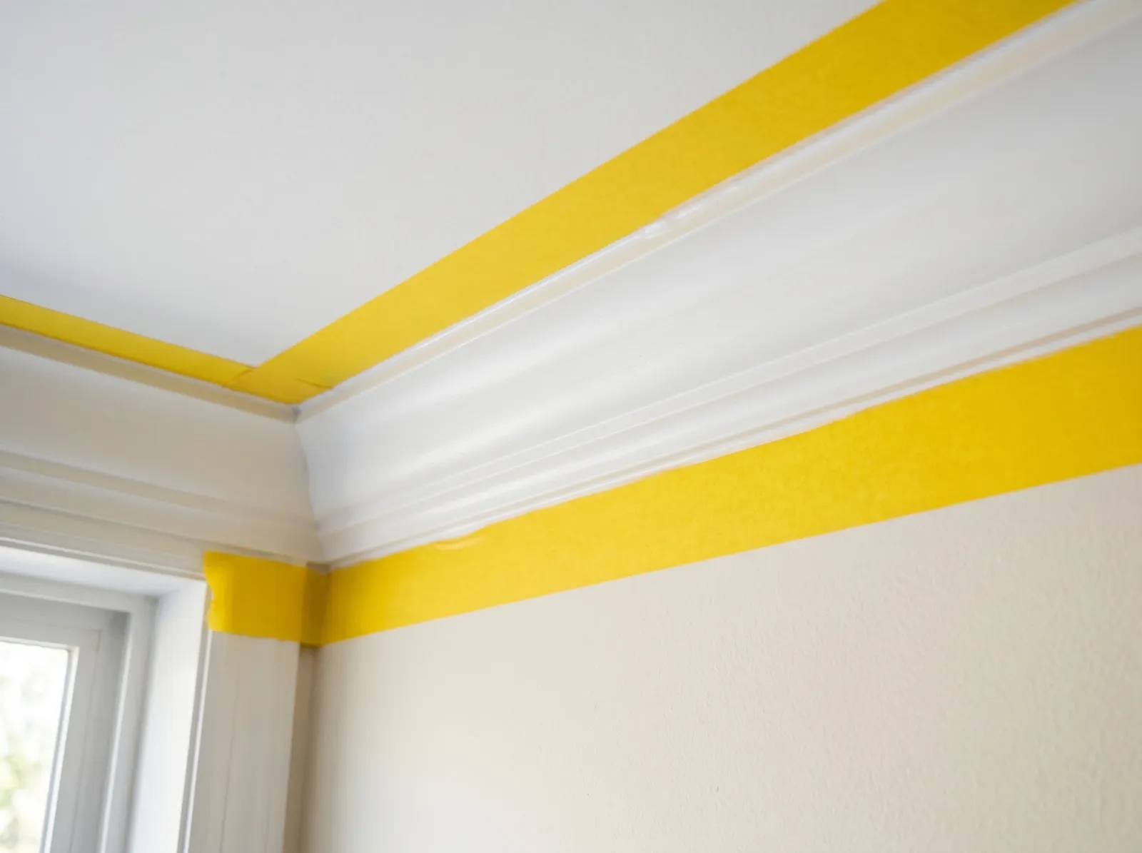Crown molding freshly caulked at both seams with the ceiling and wall masked in painter's tape