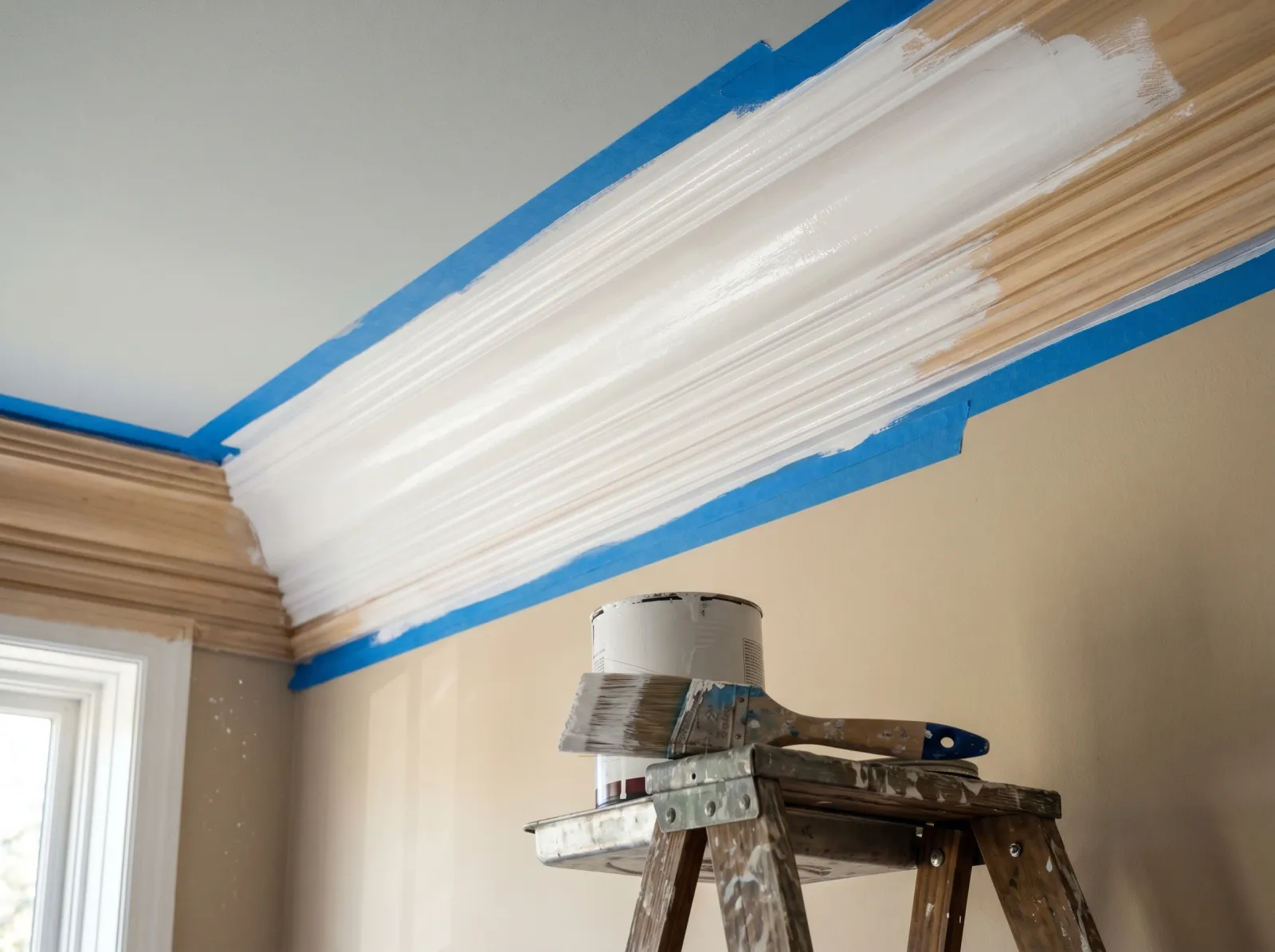 Crown molding with first coat of bright white semi-gloss applied, angled brush resting on an open quart