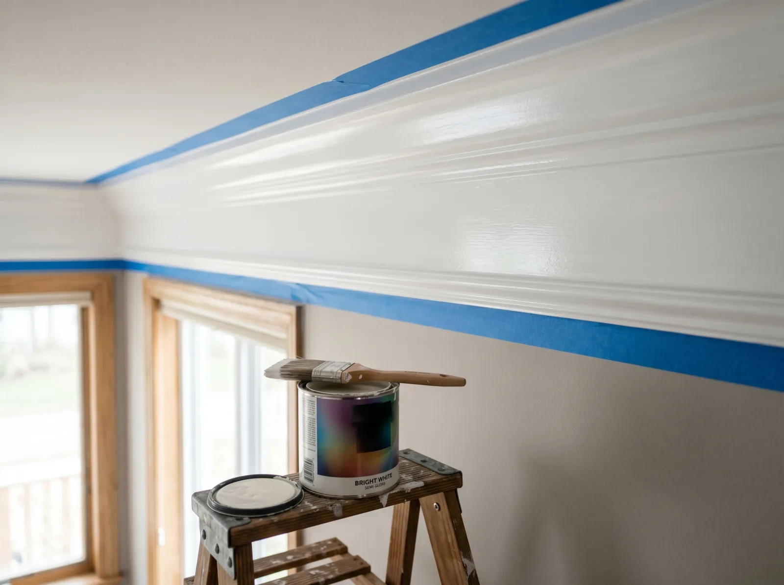 Crown molding with smooth even second coat of bright white semi-gloss trim paint