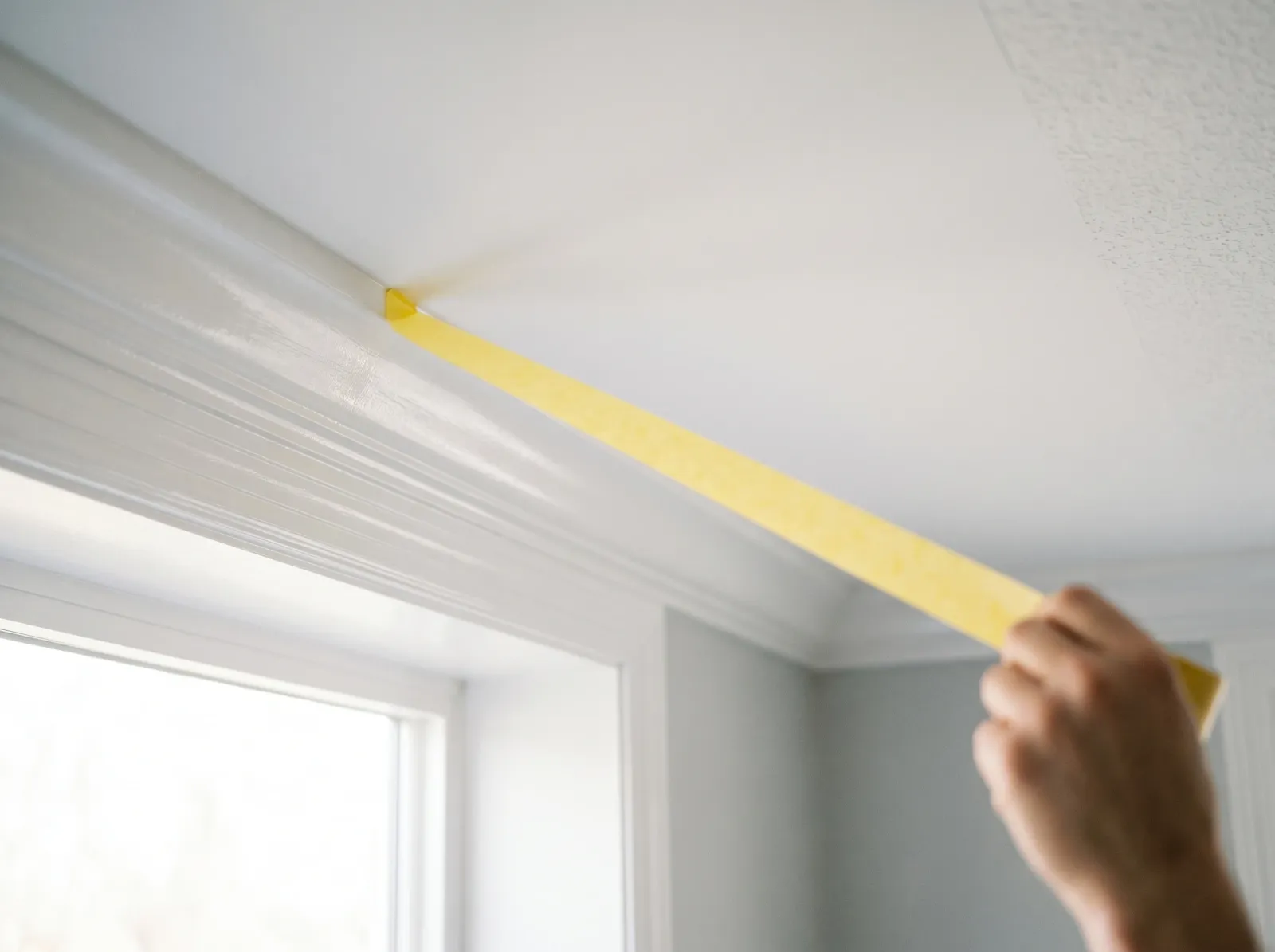 Painter's tape being pulled from a freshly painted white crown molding in one clean strip