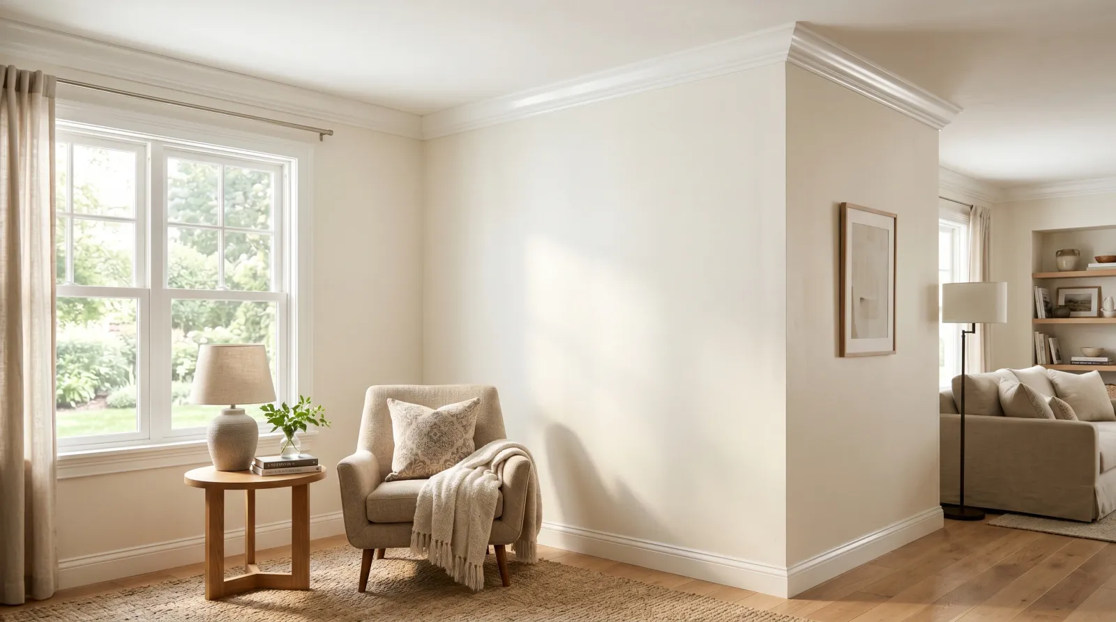 Finished living room corner with crisp white semi-gloss crown molding meeting a smooth white ceiling