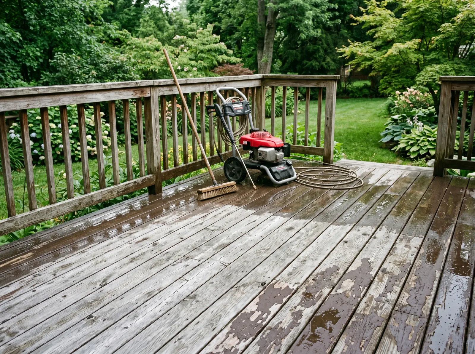 Deck mid-prep with old paint scraped off and boards pressure-washed back to bare wood