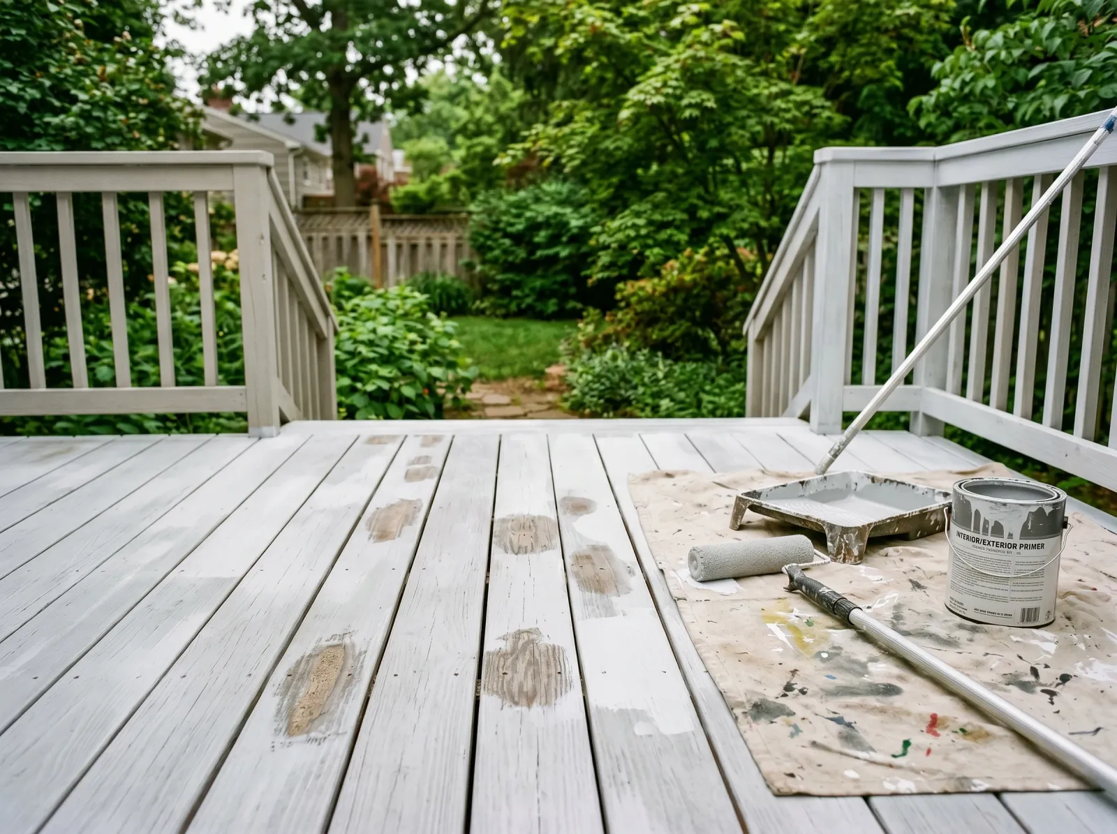 Deck boards coated in a single gray primer coat with patched and sanded repair spots