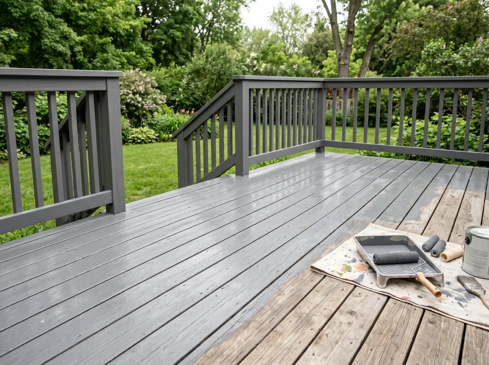 Deck with a first coat of solid gray paint, color still slightly thin, railings cut in