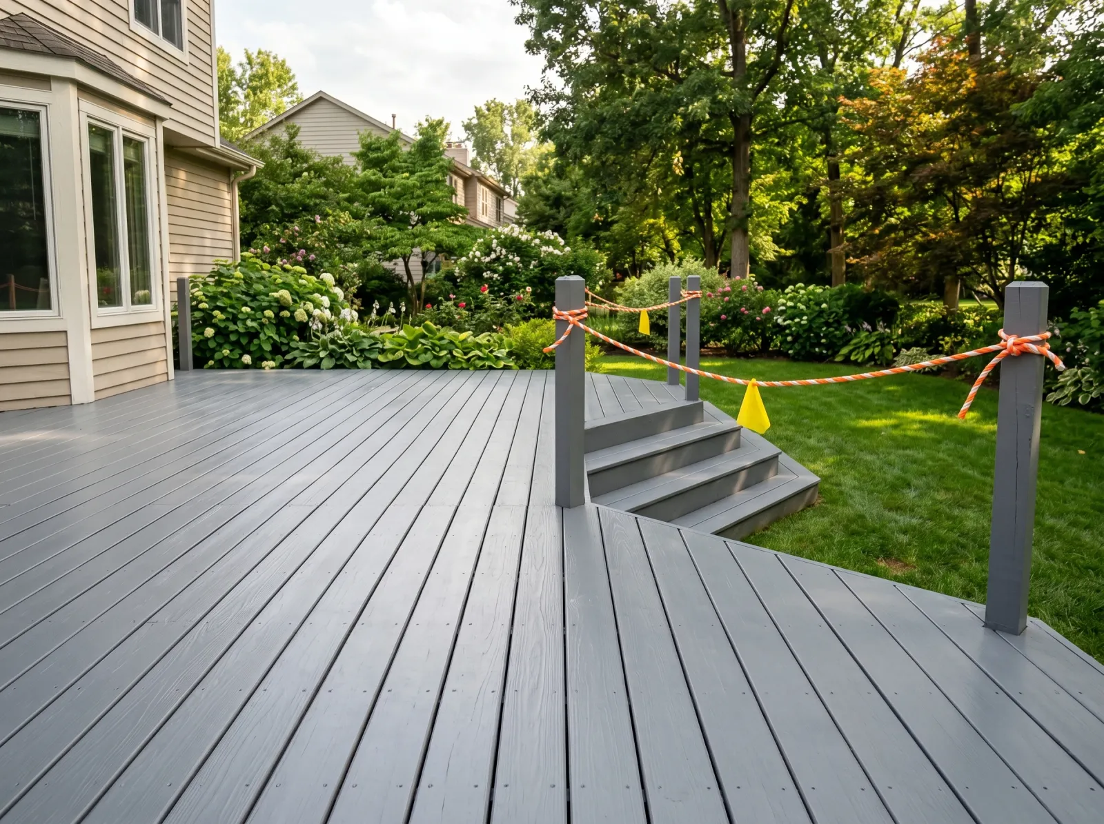 Deck with an even second coat of gray paint, roped off across the steps to cure