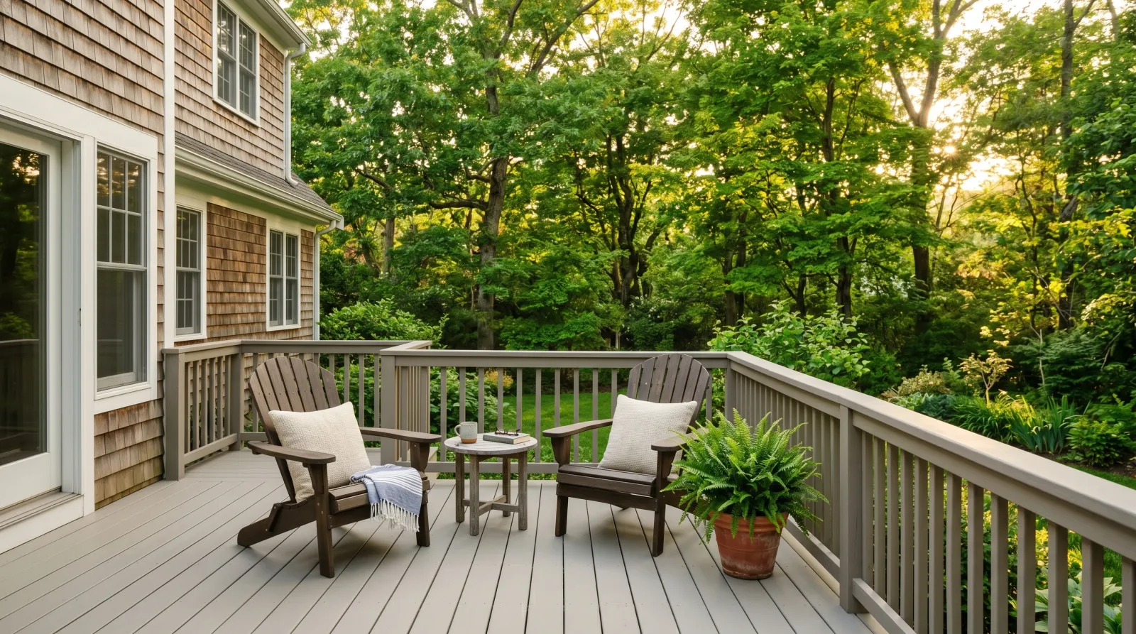 Finished gray deck with furniture and a potted plant back in place in the afternoon sun