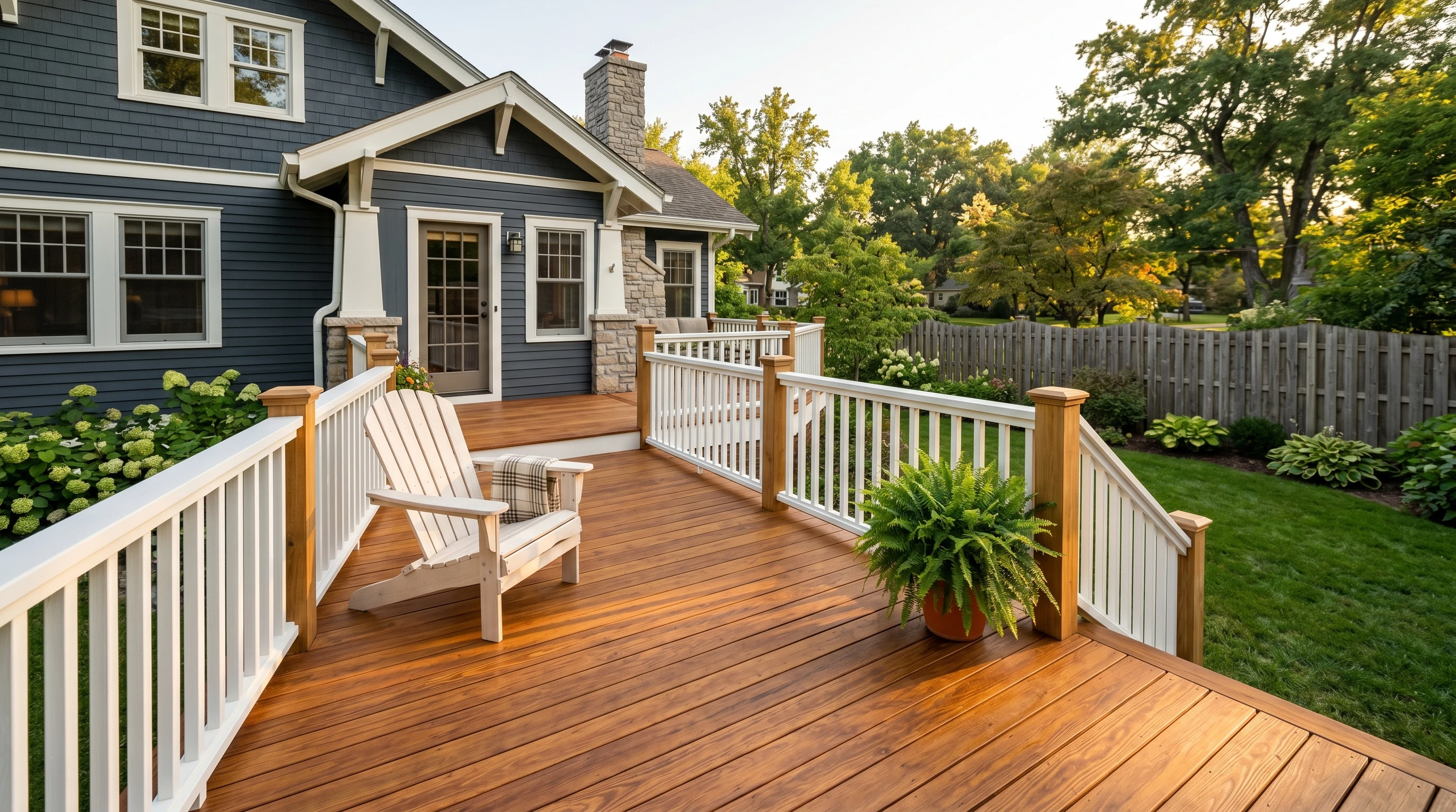 Refinished residential wood deck with cedar-brown solid stain floor, white painted railings, and an Adirondack chair in late-afternoon sunlight