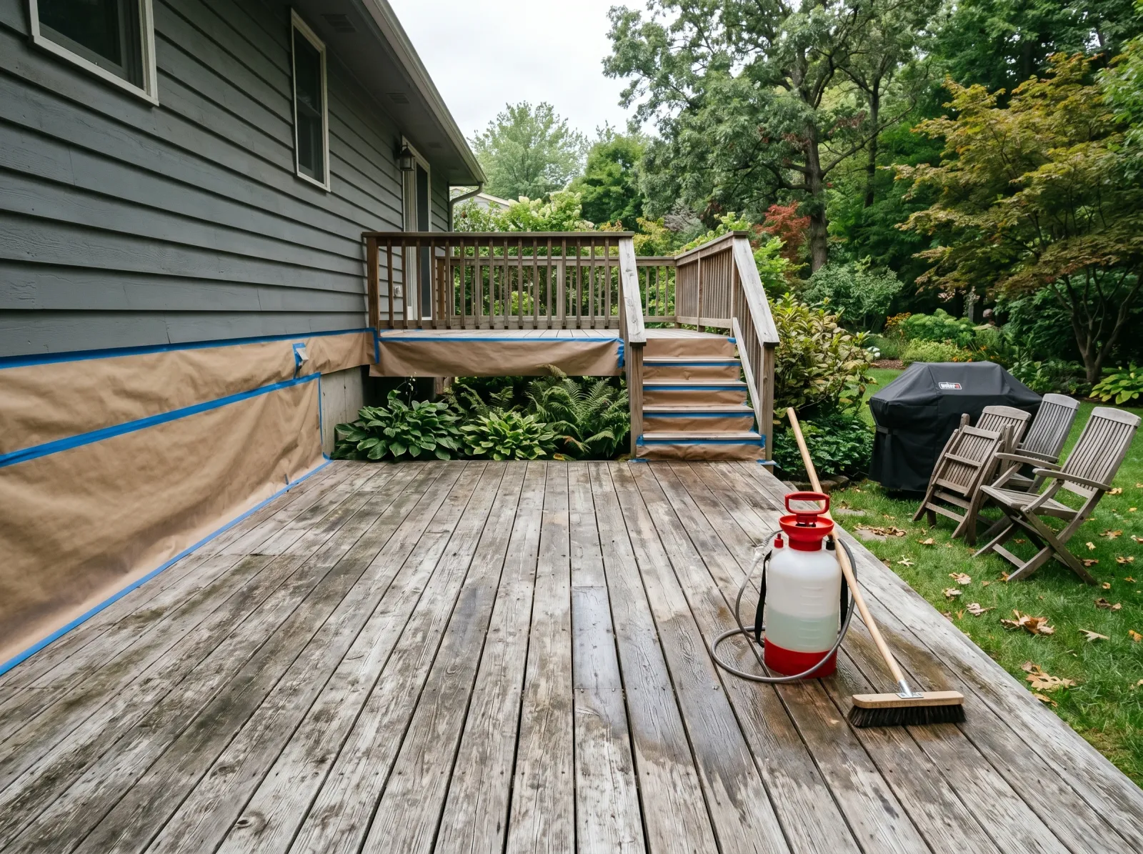 Cleared weathered gray deck with siding masked and a pump sprayer staged on the boards