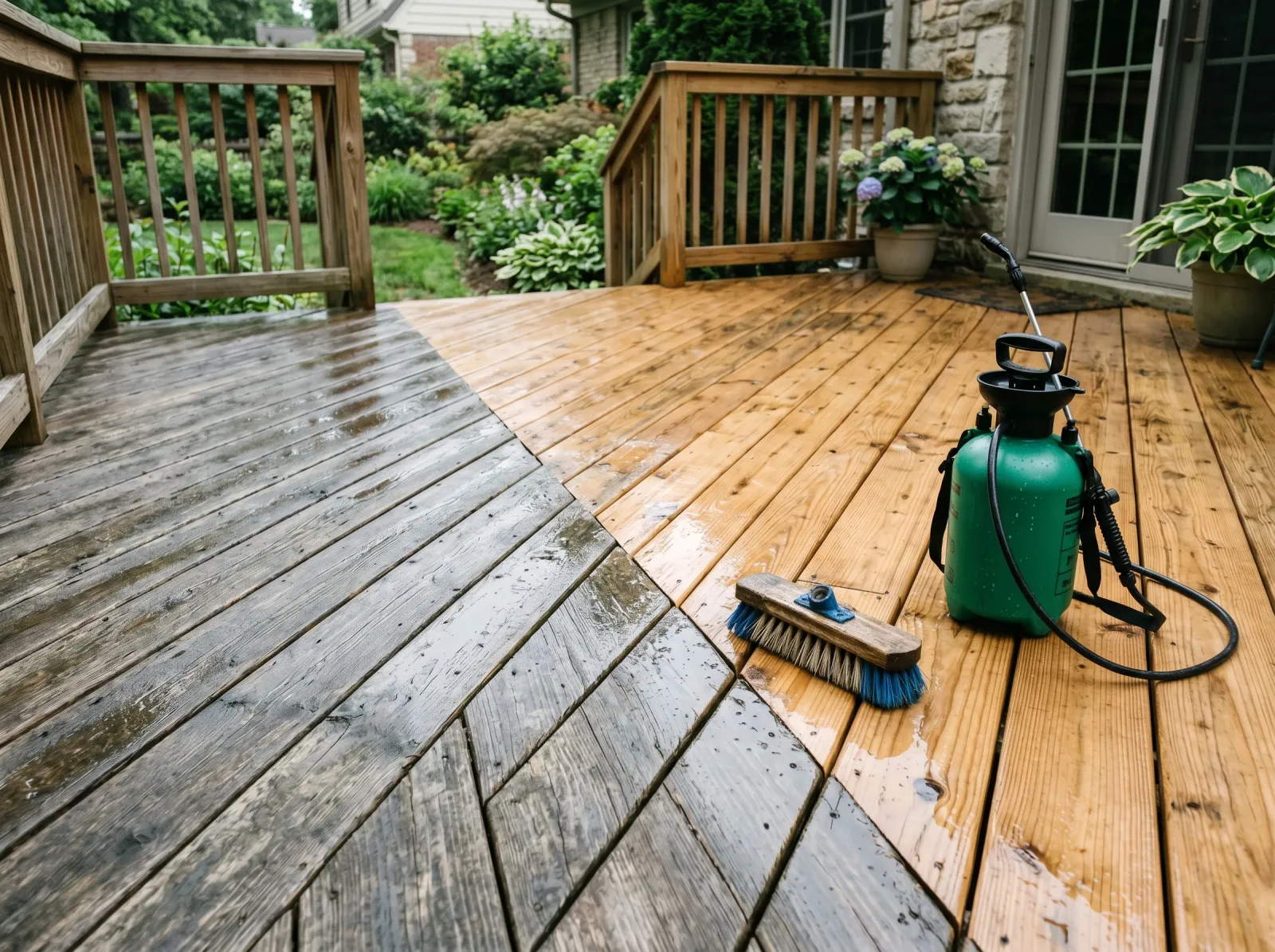 Deck halfway through cleaning, gray weathered boards on one side and fresh tan bare wood on the other