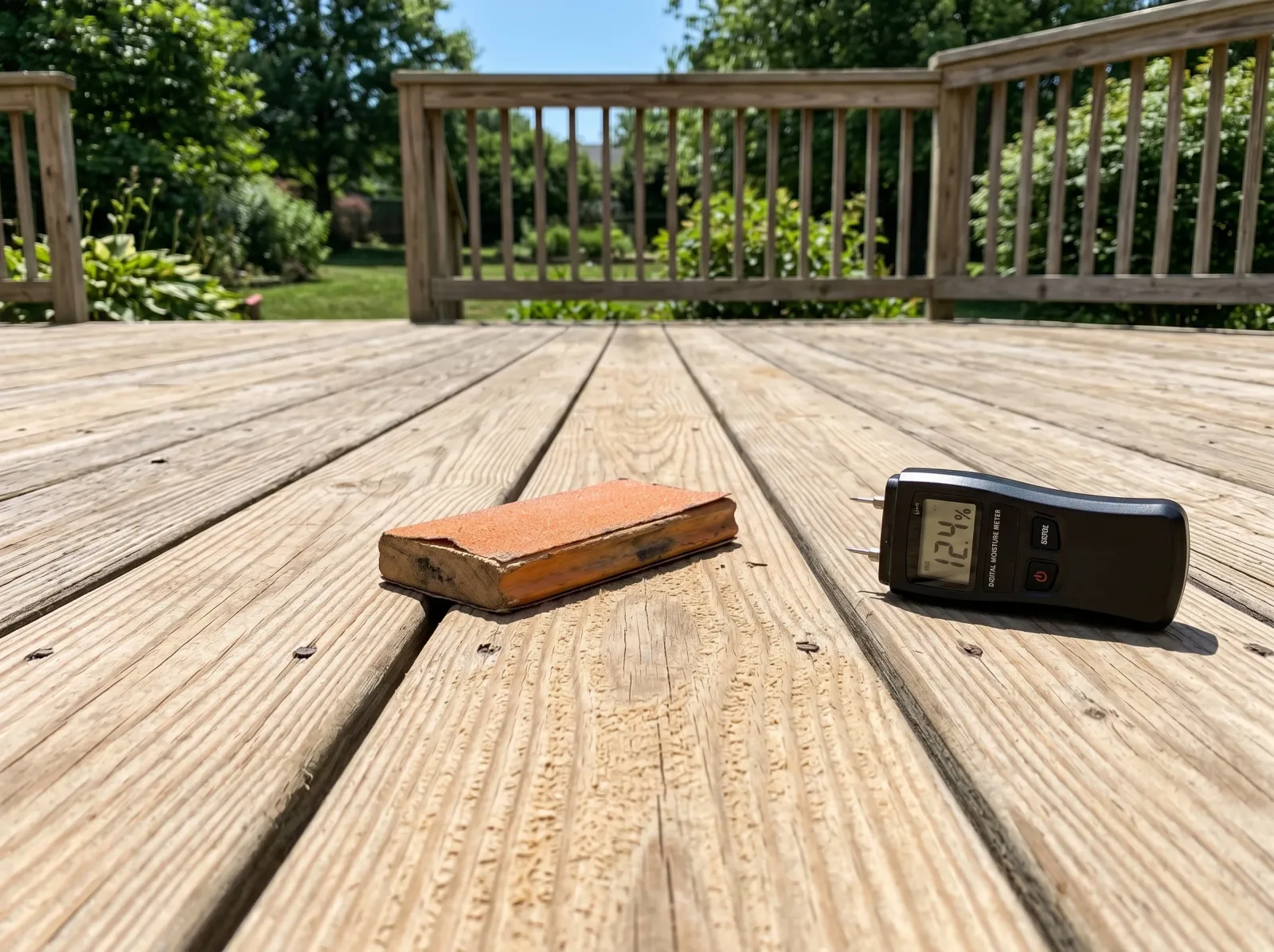 Clean dry bare wood deck with a sanding block and moisture meter on the boards