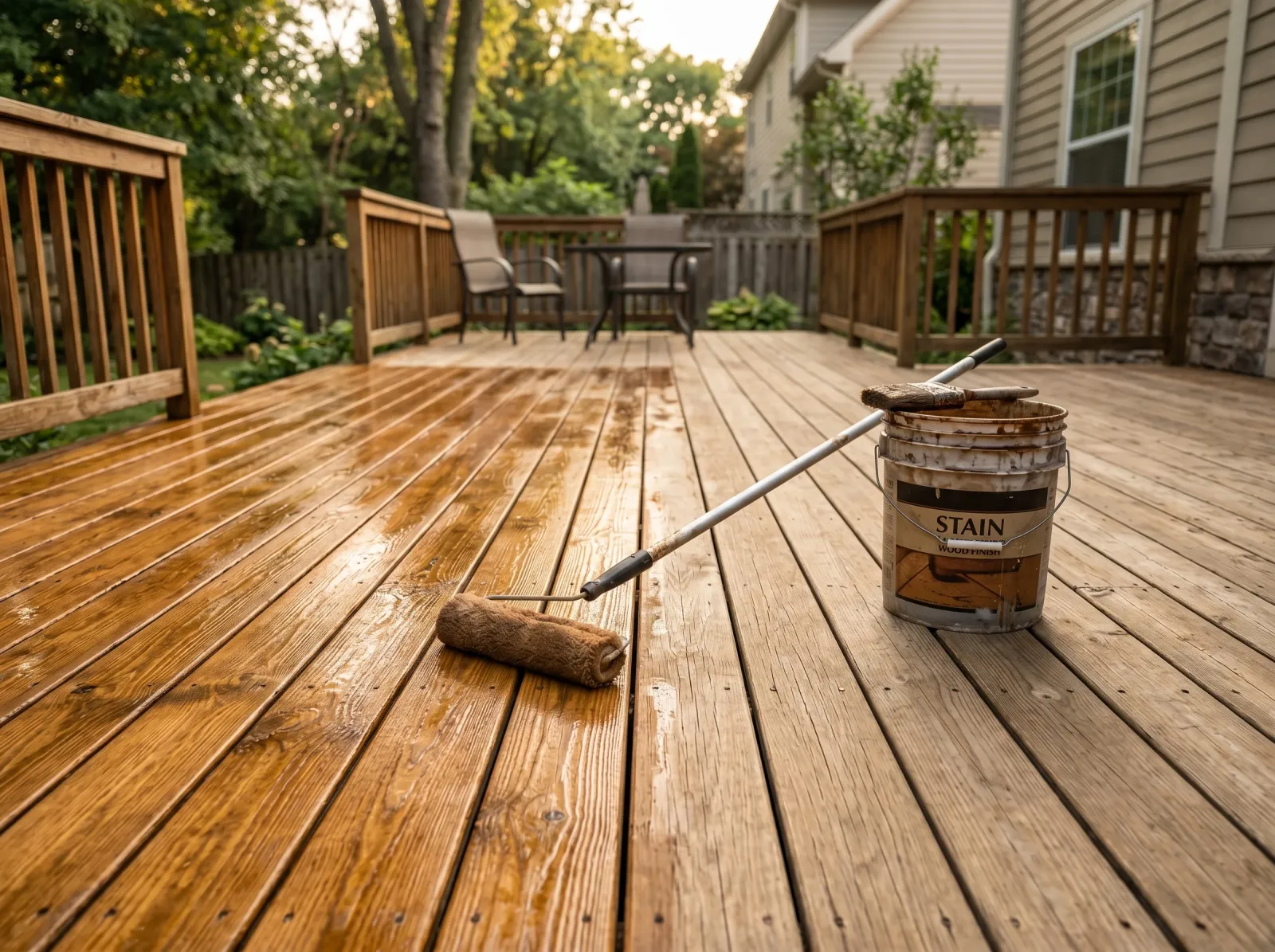 Deck mid-stain with several boards freshly coated honey-brown and the rest still bare