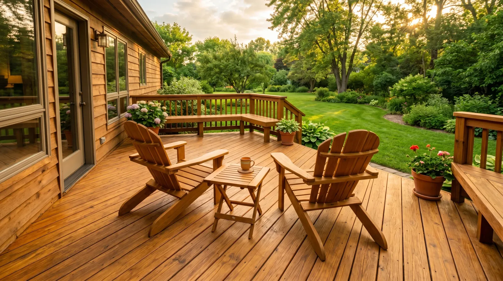 Finished honey-brown stained deck with chairs back in place and the grain showing through