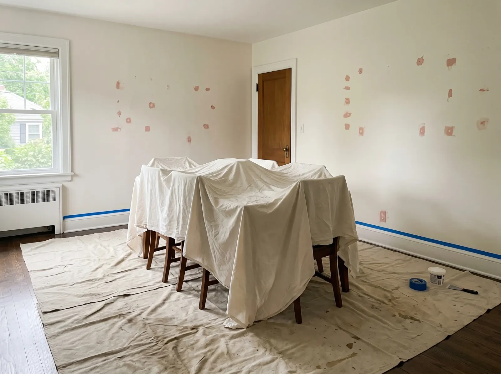 Dining room prepped with table centered under a sheet and walls patched
