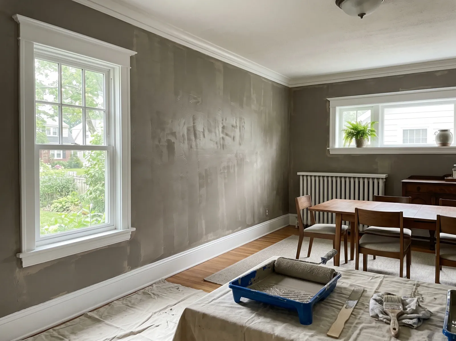Dining room mid-paint with first coat of greige walls showing some patchiness