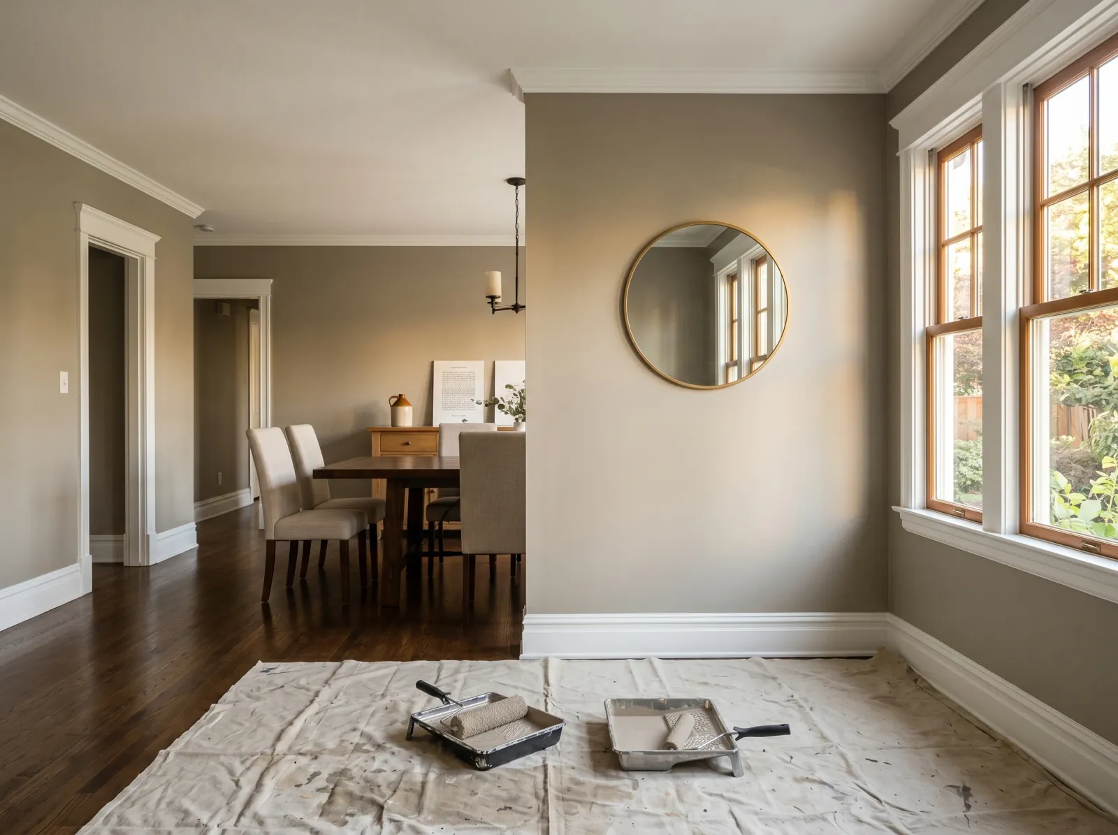 Dining room walls with an even second coat of warm greige, roller and tray on the covered floor