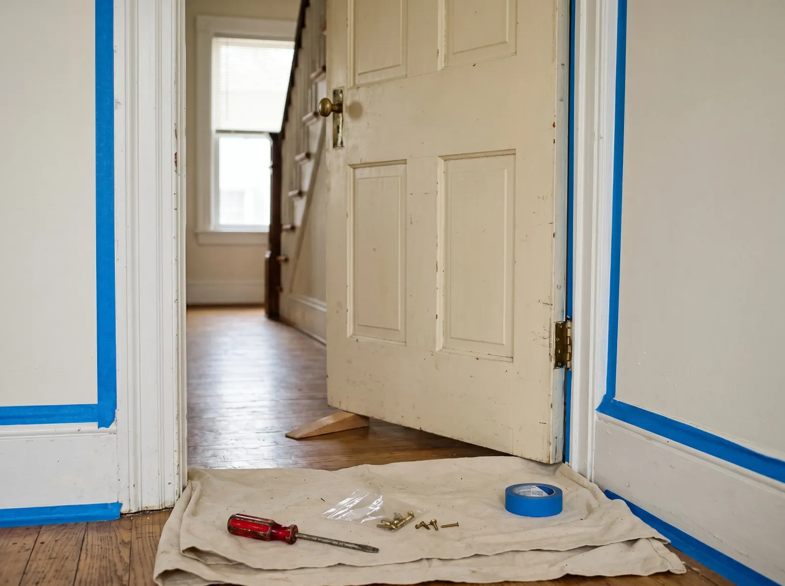 Door frame masked off with painter's tape, hinge screws bagged on a drop cloth