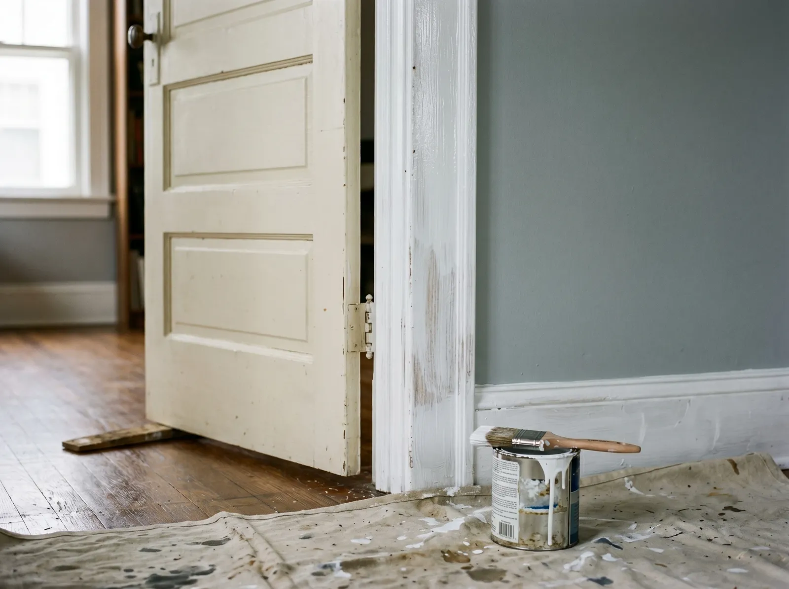 Door frame with a thin first coat of white semi-gloss, angled brush resting on the can