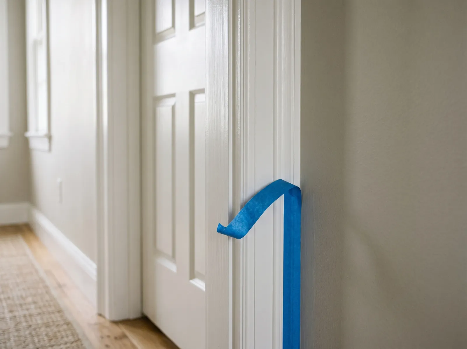 Finished white door frame with the painter's tape being peeled back to a crisp line