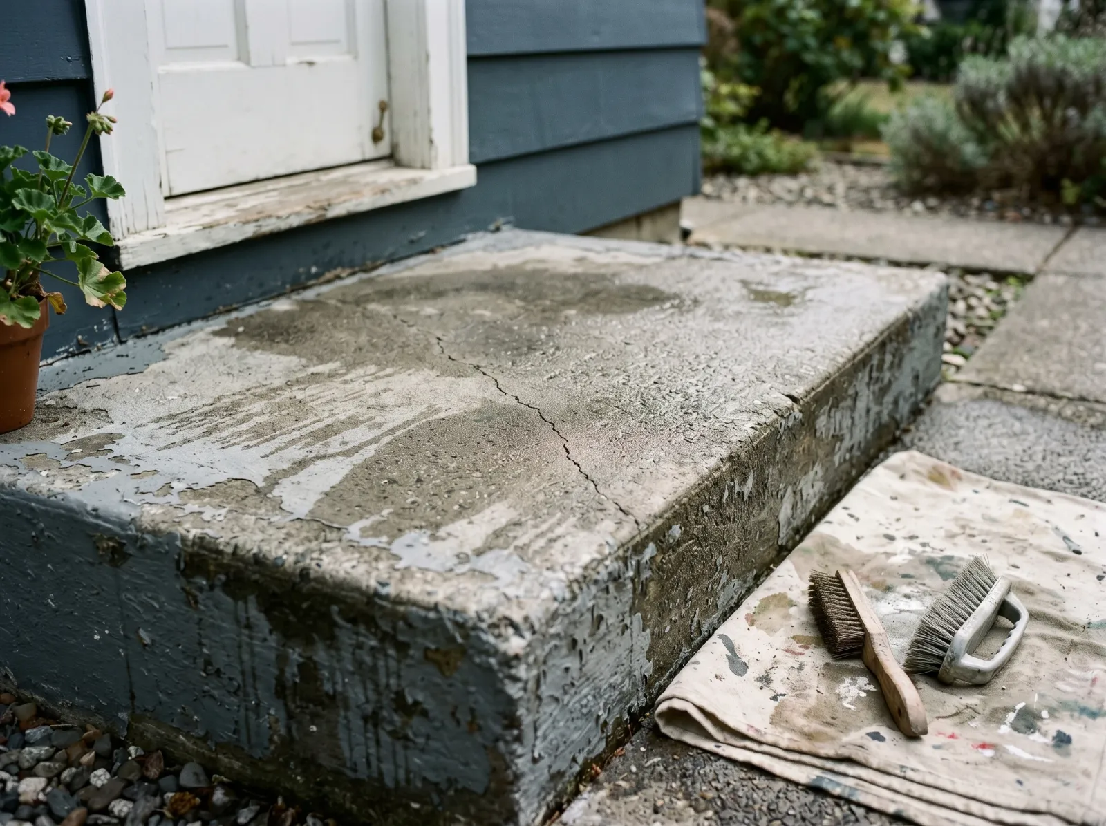 Bare concrete front step scrubbed clean with old paint flaked off and a crack showing