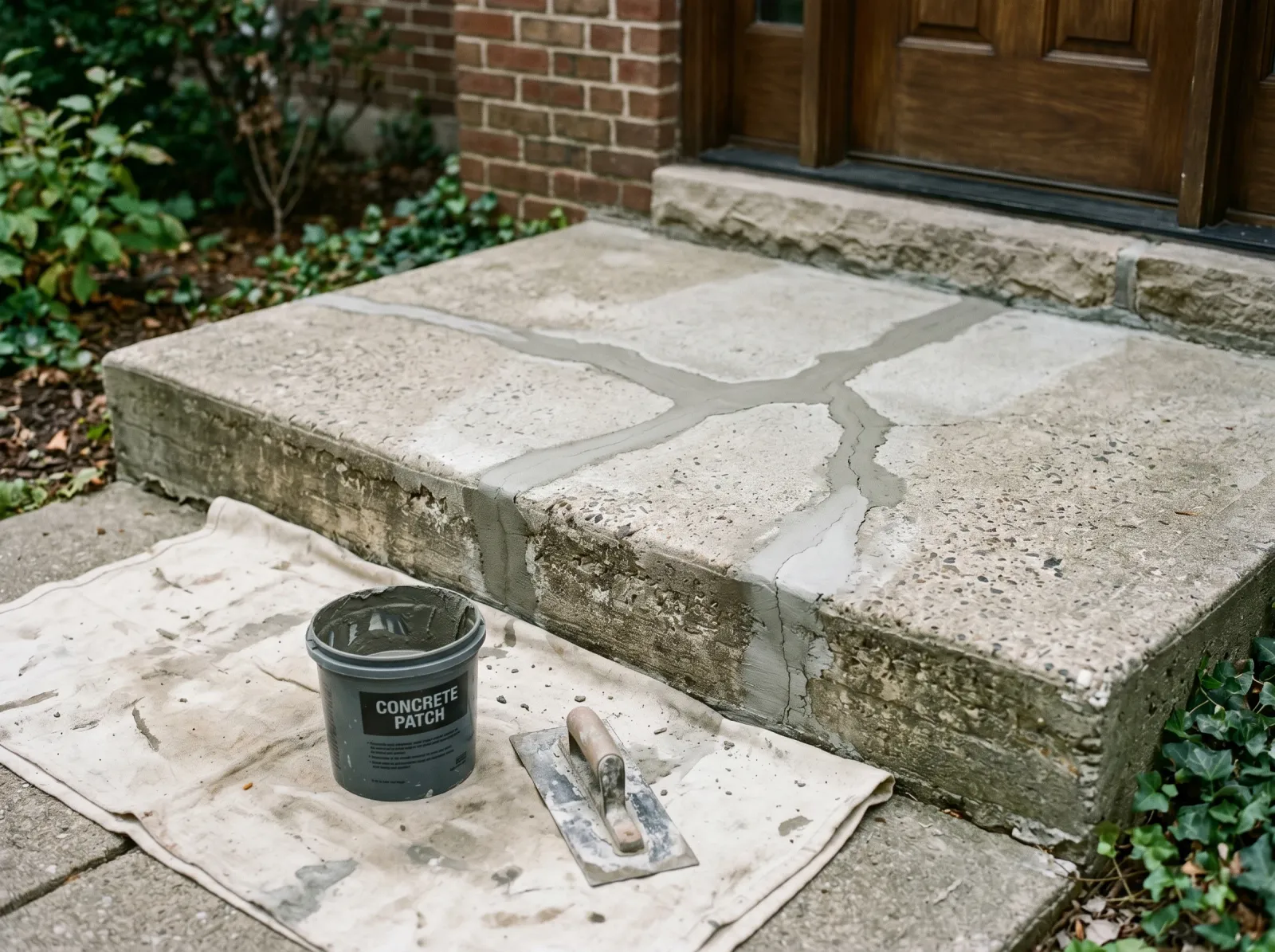Concrete step with cracks patched and surface etched to a uniform matte texture