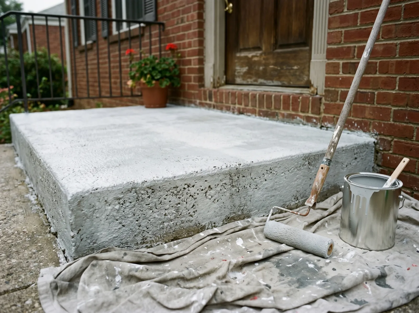 Concrete front step coated in white-gray masonry bonding primer