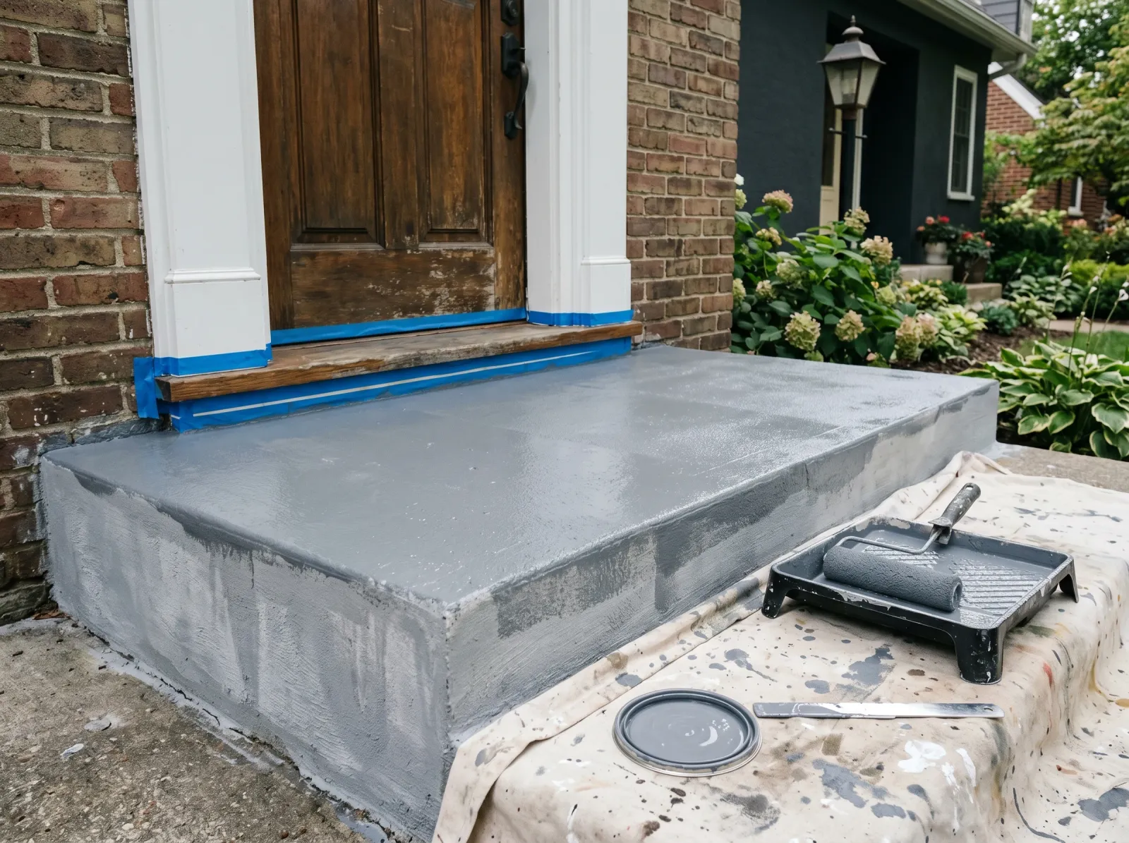 Concrete front step with first coat of slate-gray floor paint over primer