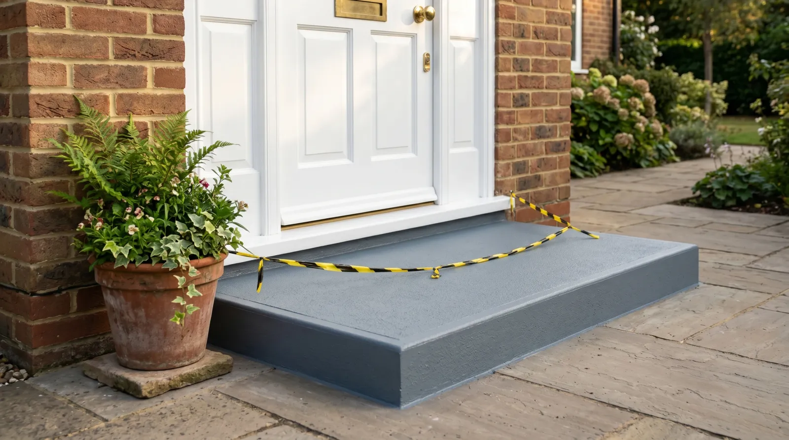 Finished slate-gray concrete front step roped off to cure with crisp edges