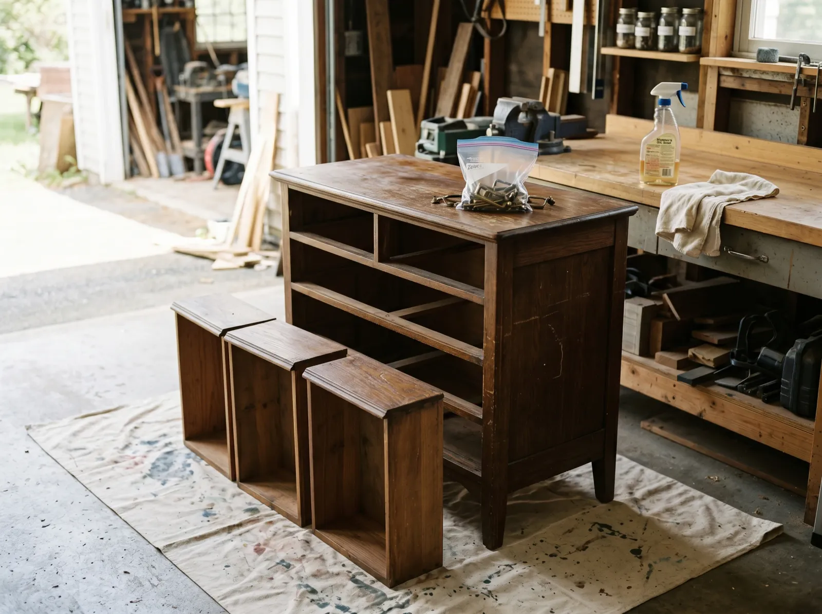 Vintage dresser with drawers removed and hardware bagged on a drop cloth