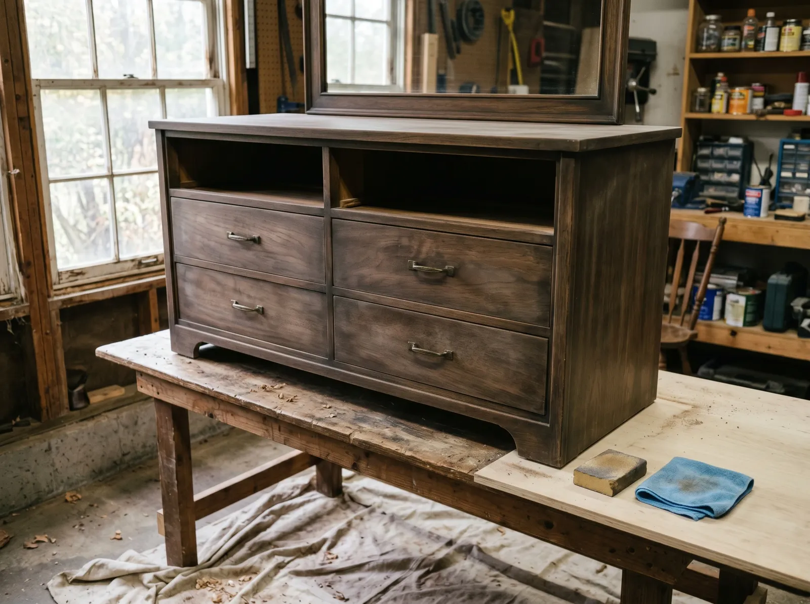 Dresser frame scuff-sanded with a sanding sponge and tack cloth nearby